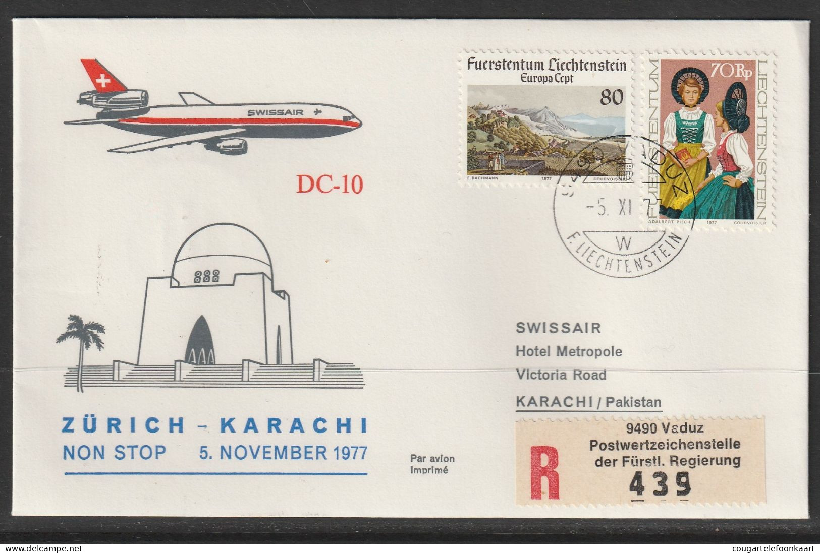 1977, Swissair, Erstflug, Liechtenstein - Karachi Pakistan - Luftpost