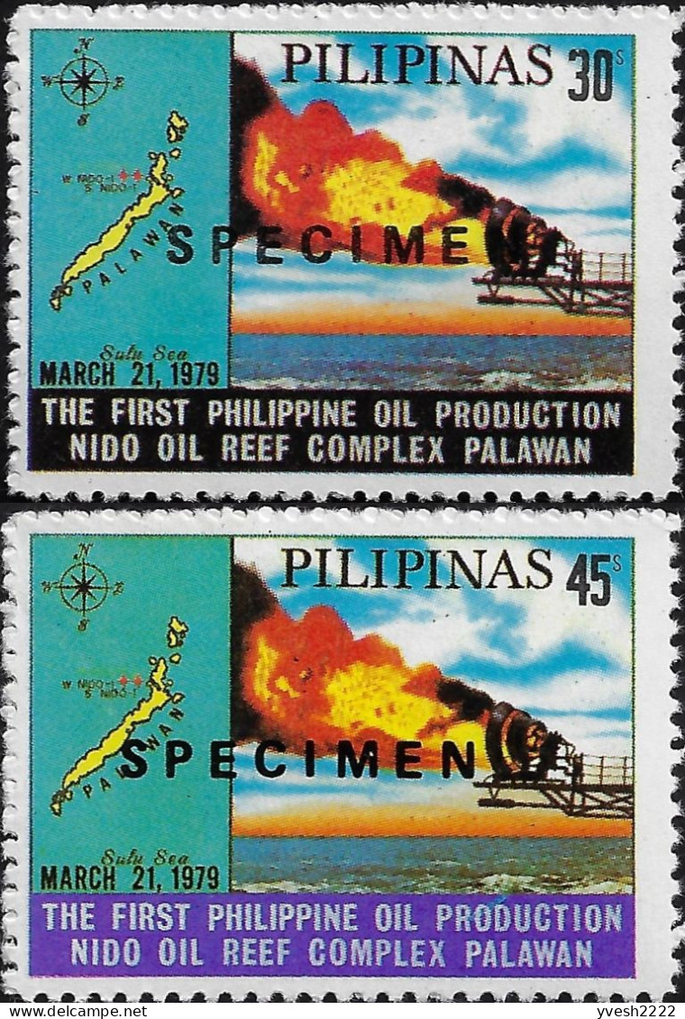 Philippines 1979 Y&T 1108 Et 1109 Surchargés Specimen. Complexe Pétrolier Nido, Production De Pétrole Philippin. Feu - Pétrole