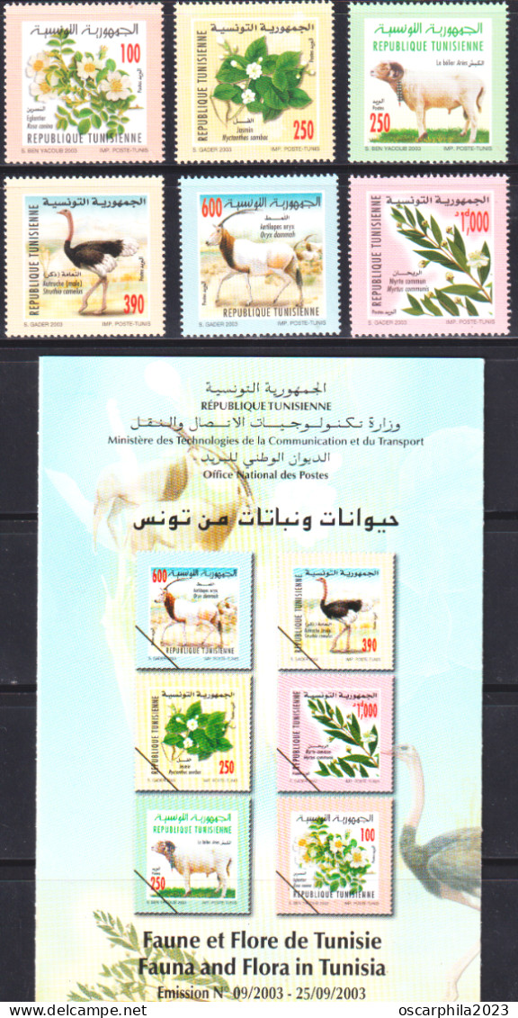 2003-Tunisie / Y&T 1489--1494 - Faune & Flore; Série Compléte - 6V / MNH***** + Prospectus - Rosas