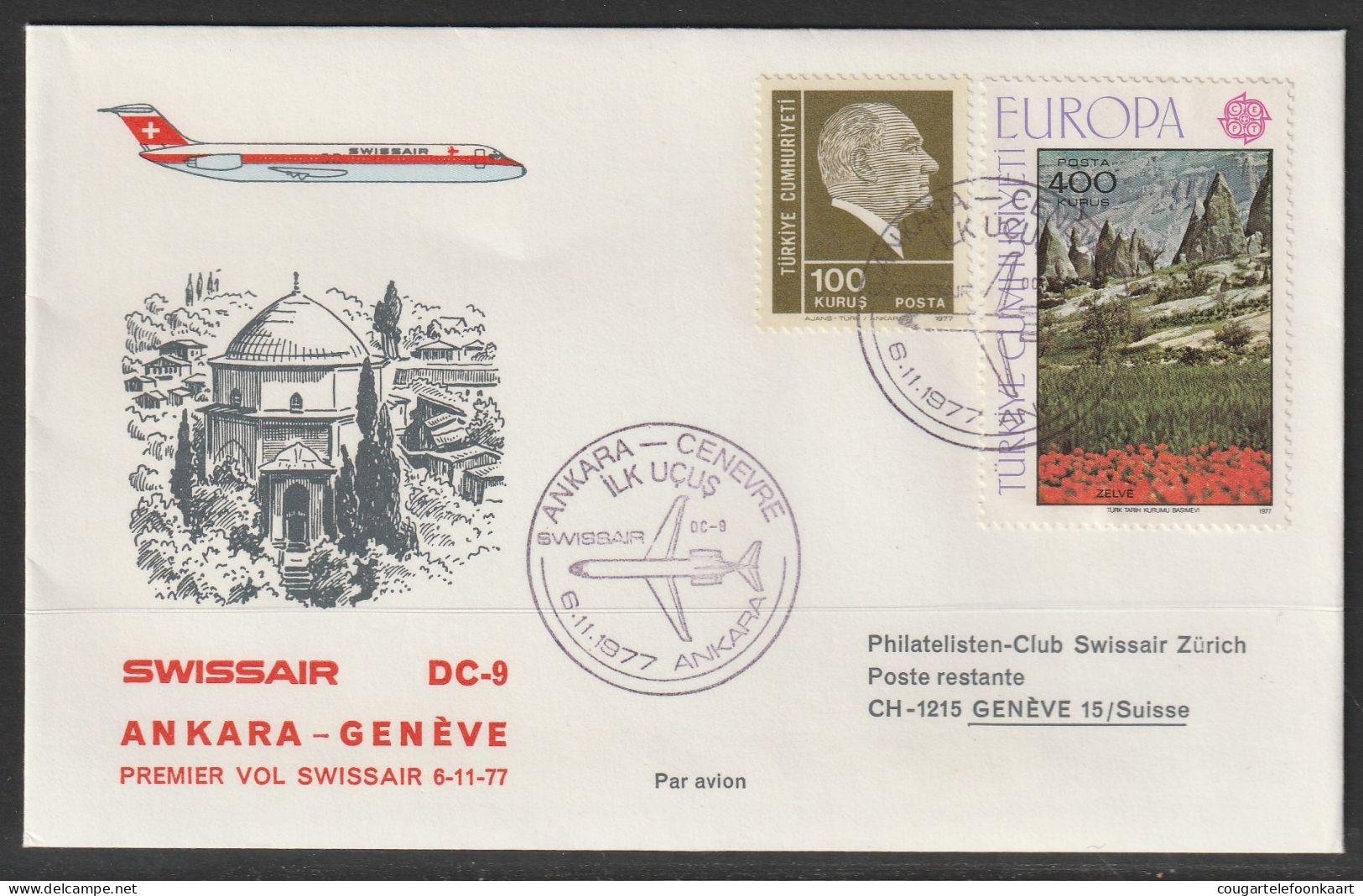 1977, Swissair, Erstflug, Ankara - Genf - Brieven En Documenten