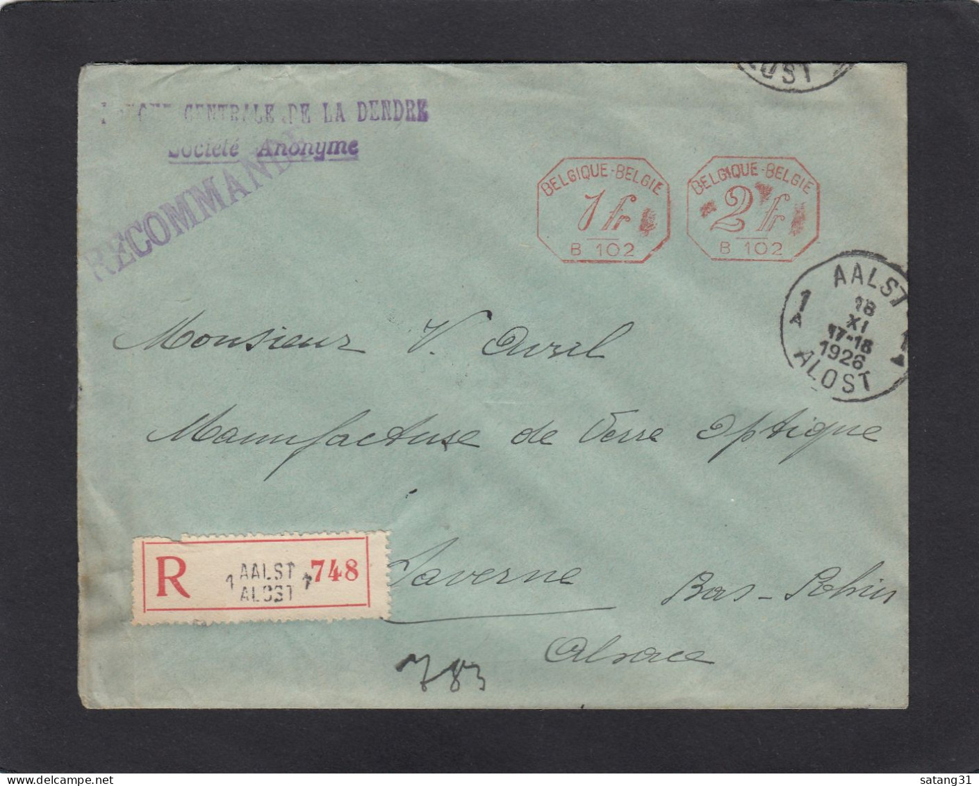 BANQUE CENTRALE DE LA DENDRE.LETTRE RECOMMANDEE D'ALOST POUR SAVERNE,FRANCE,1928. - ...-1959