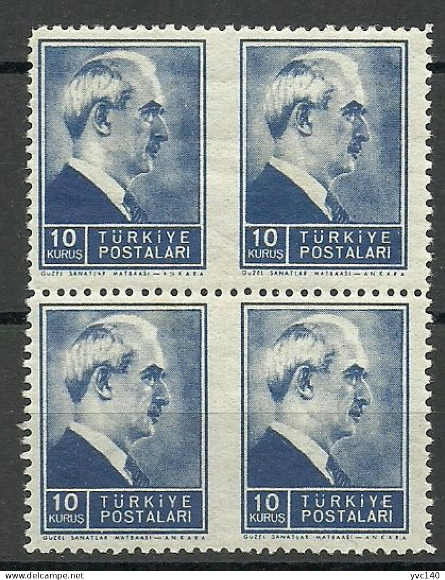 Turkey; 1942 1st Inonu Issue 10 K. ERROR "Partially Imperf." (Block Of 4) - Unused Stamps