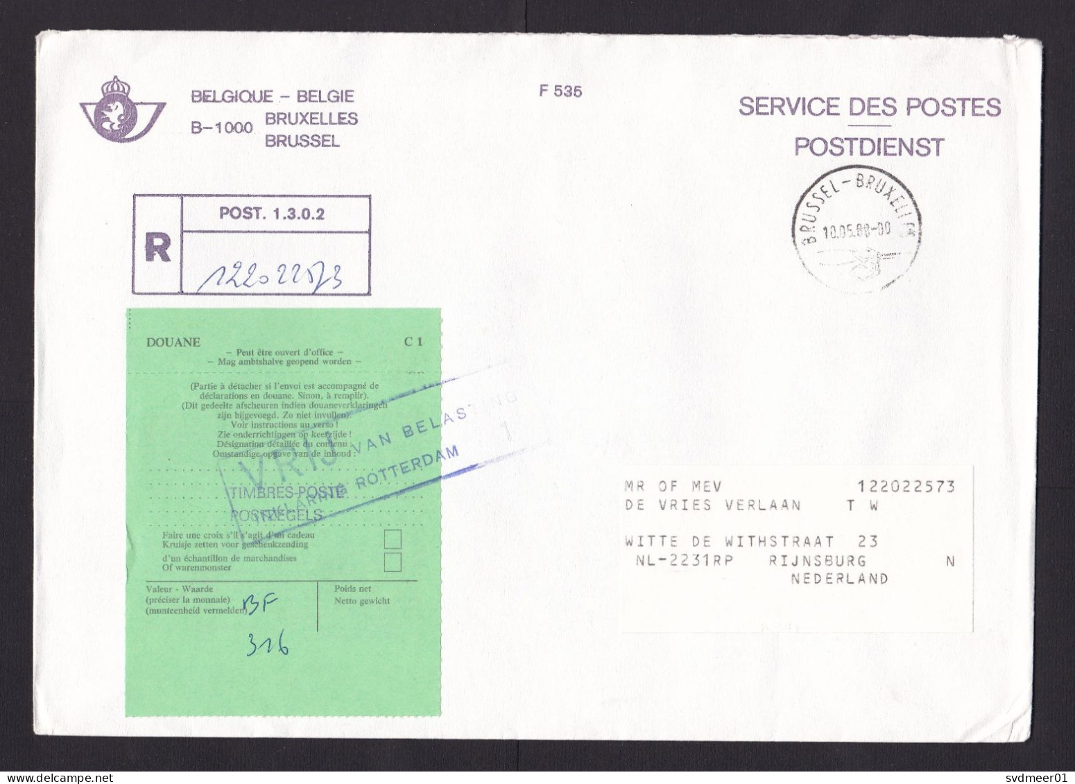 Belgium: Cover To Netherlands, 1988, Postal Service, C1 Customs Label, Customs Cancel Free Of Duty (minor Crease) - Covers & Documents