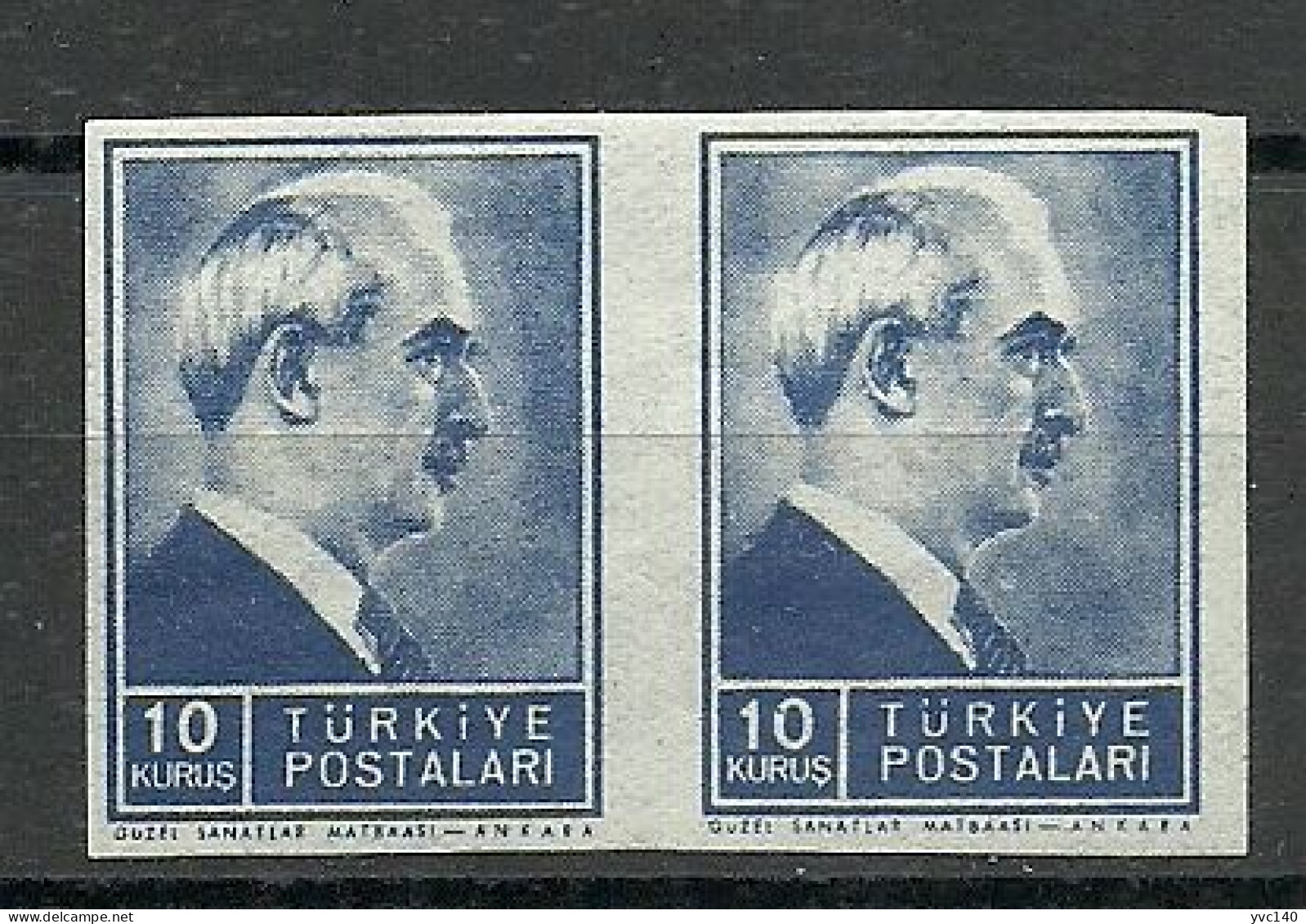 Turkey; 1942 1st Inonu Issue 10 K. ERROR "Imperf. Pair" - Unused Stamps