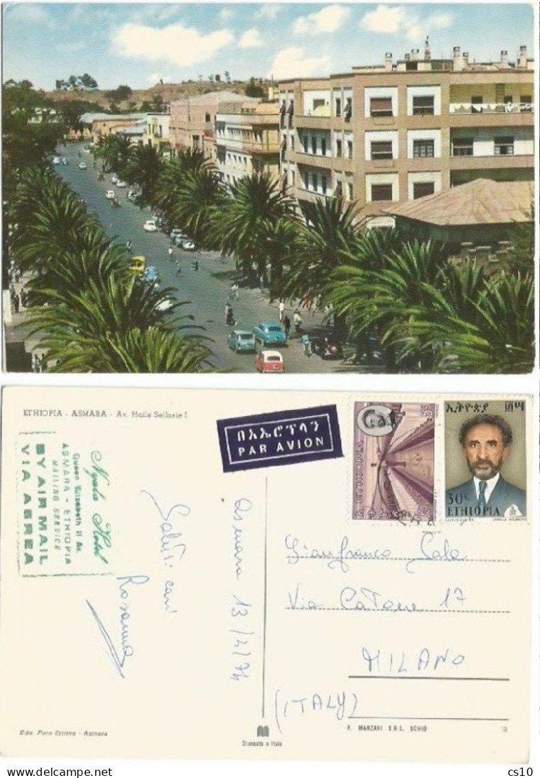 Eritrea (Ethiopia Period) Airmail Pcard Asmara Av.Hailé Sellasié 15apr1974  To Italy With Selassiè C30 + Regular C5 - Eritrea