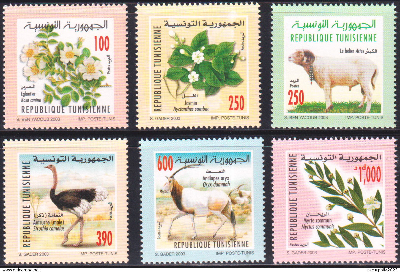 2003-Tunisie / Y&T 1489--1494 - Faune & Flore; Série Compléte - 6V / MNH***** - Avestruces