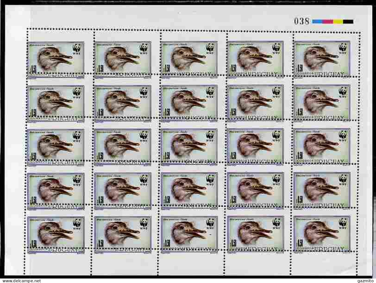 Uruguay 1993, WWF The Great Rhea 50c Complete Sheet Of 25 With Perforations Misplaced Obliquely, Sheetlet - Uruguay