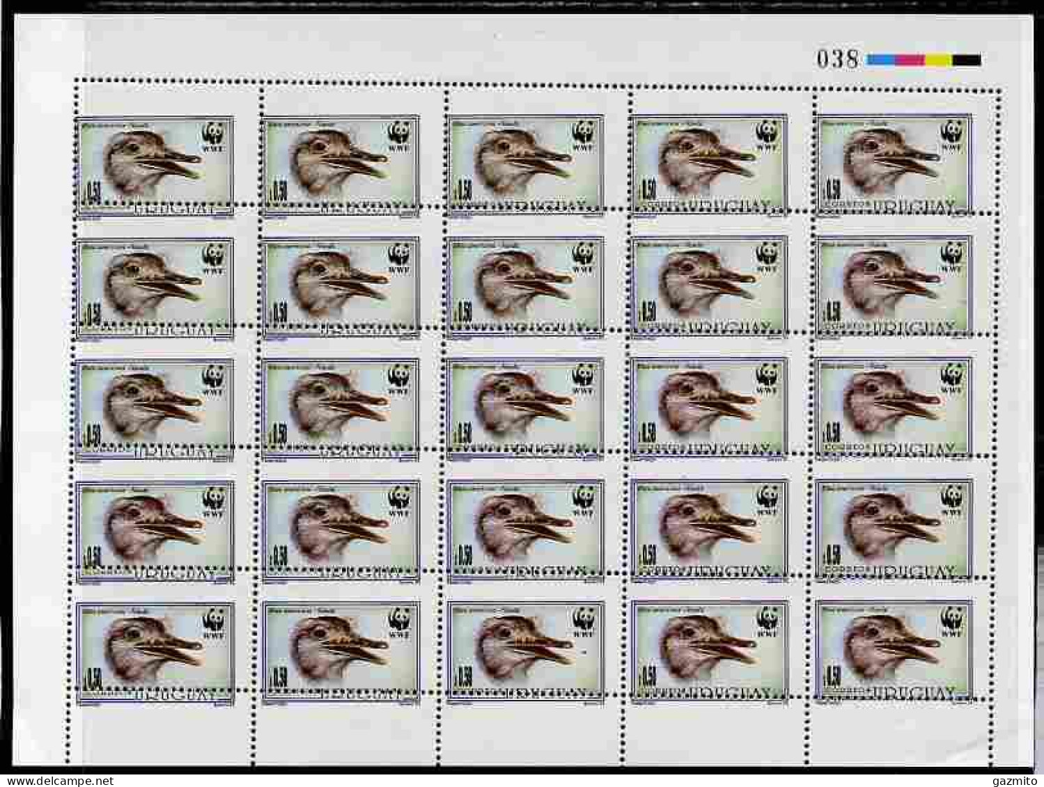 Uruguay 1993, WWF The Great Rhea 50c Complete Sheet Of 25 With Perforations Misplaced Obliquely, Sheetlet - Unused Stamps
