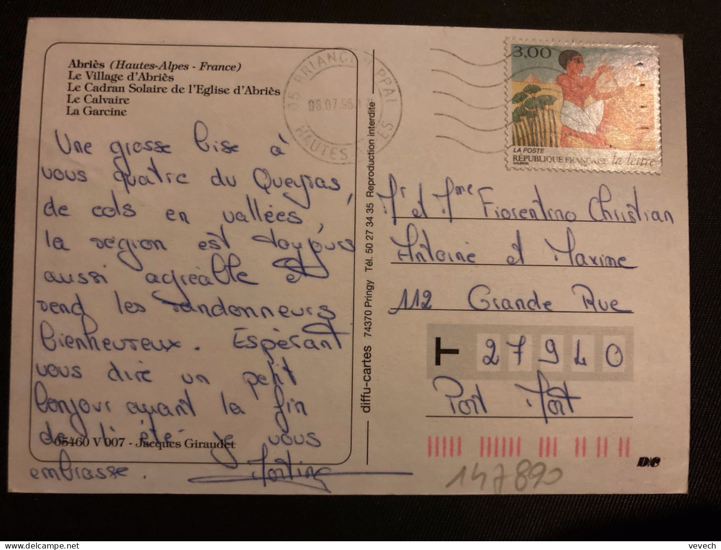 CP TP LA LETTRE ATHENES 3,00 OBL.MEC.08 07 98 05 BRIANCON PPAL - Covers & Documents