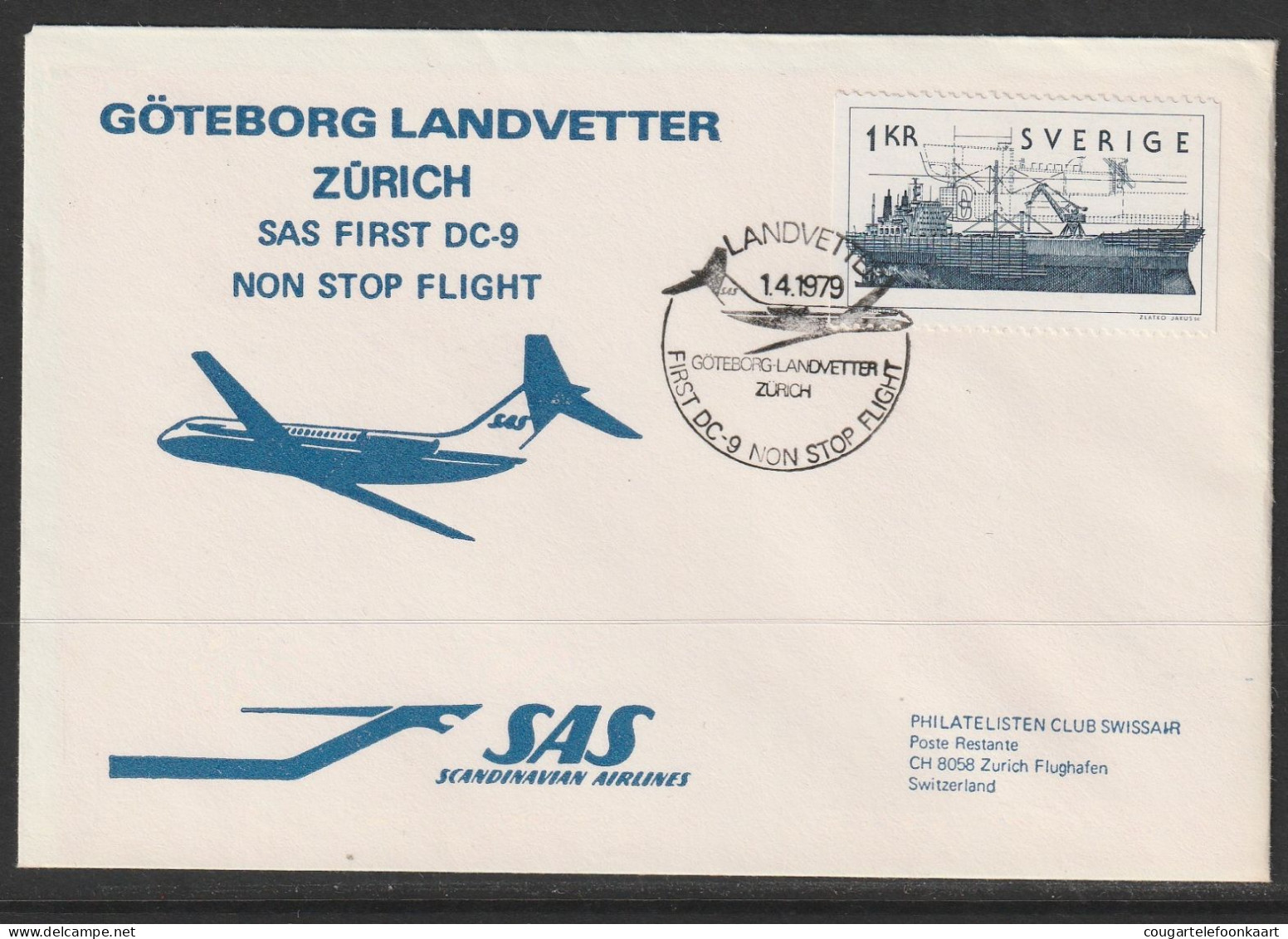 1979, SAS, Erstflug, Göteborg Sweden - Zürich - Lettres & Documents