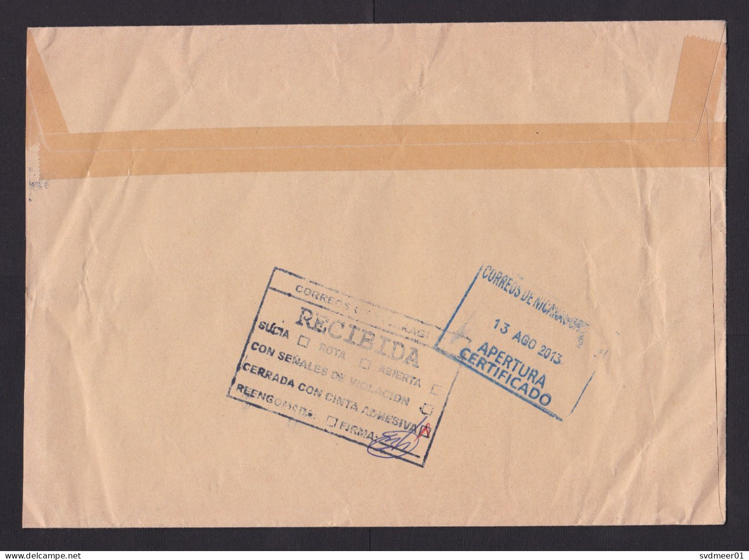 Belgium: Registered Cover To Nicaragua, 2013, No Stamps, CN22 Customs Label, Cancel Received Taped (creases) - Brieven En Documenten