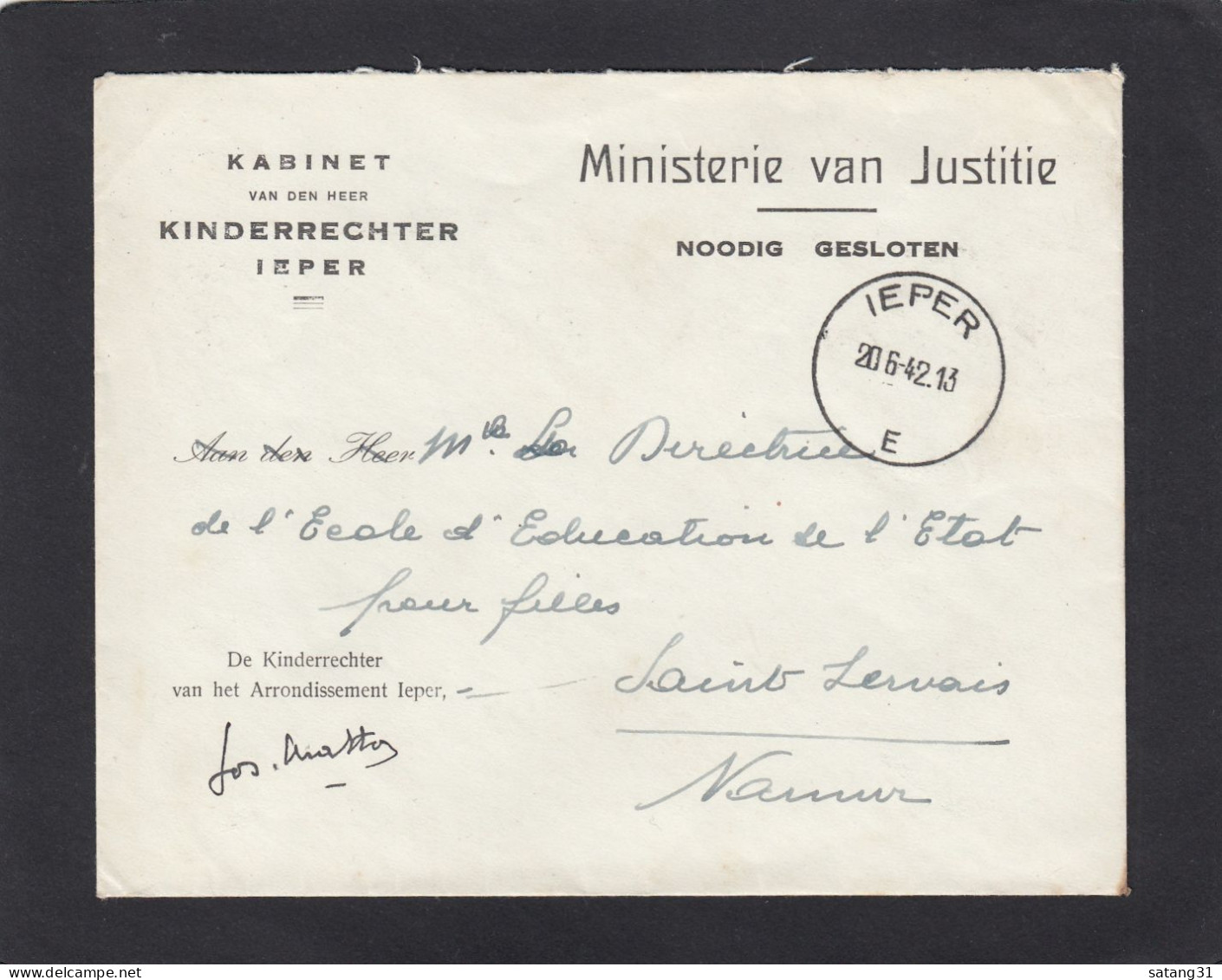 LETTRE EN FRANCHISE POSTALE DU MINISTERE DE LA JUSTICE A YPRES POUR NAMUR,1943. - Zonder Portkosten