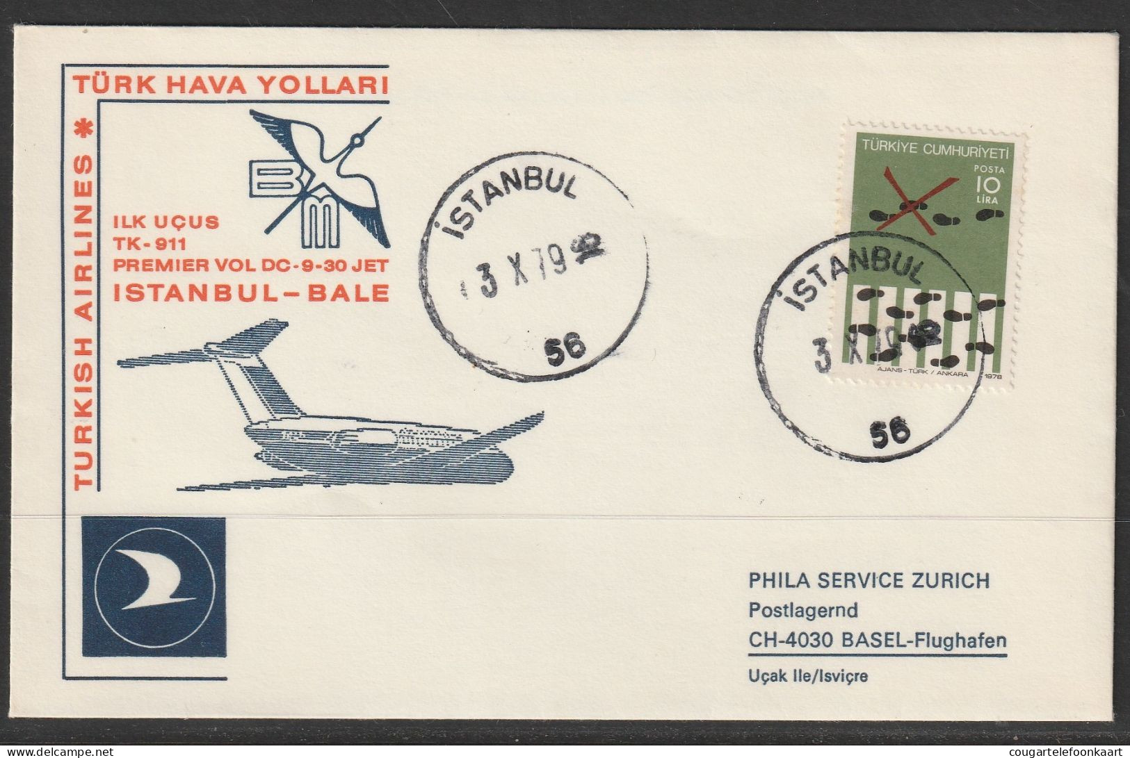 1979, THY, Erstflug, Istanbul - Basel - Airmail