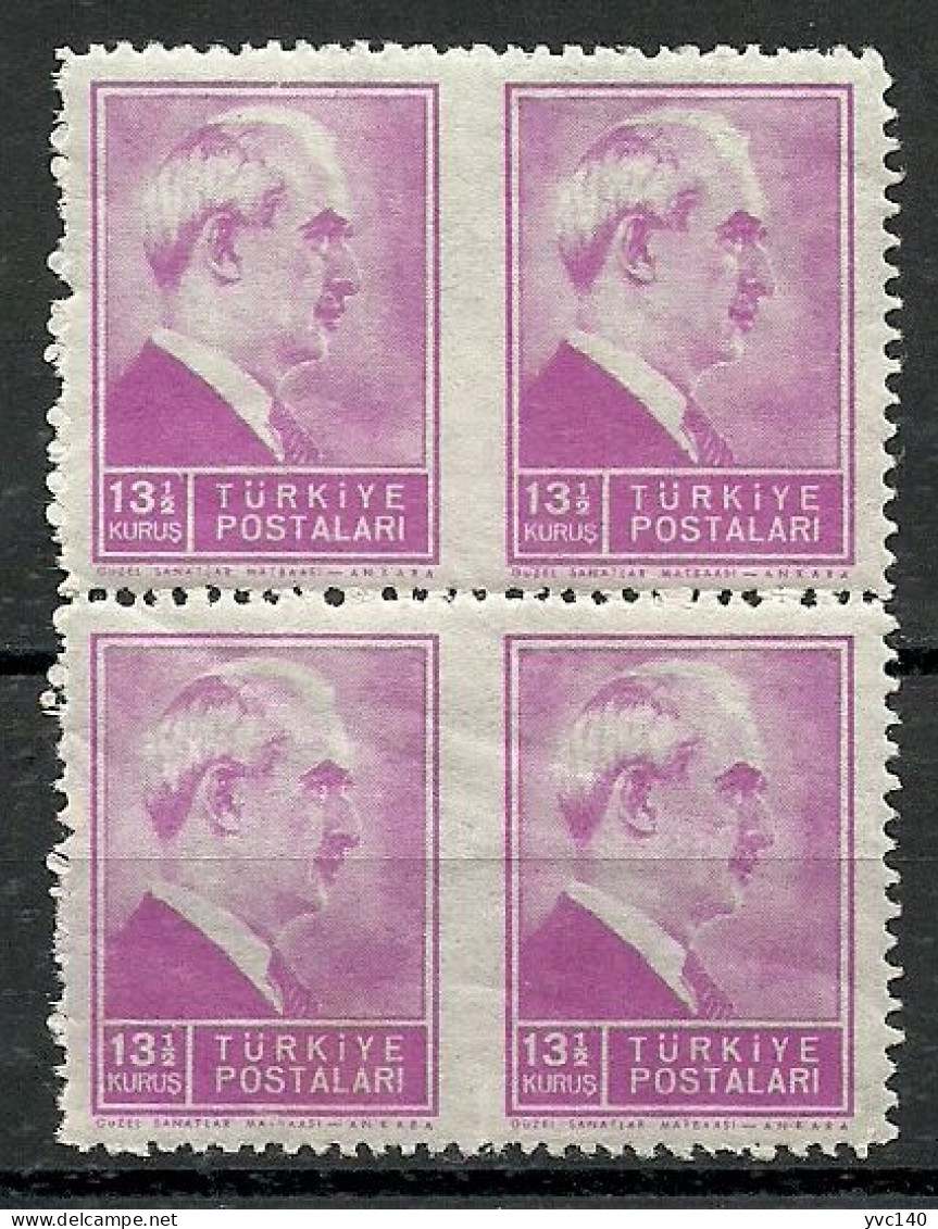 Turkey; 1942 1st Inonu Issue 13 1/2 K. ERROR "Partially Imperf." (Block Of 4) - Unused Stamps