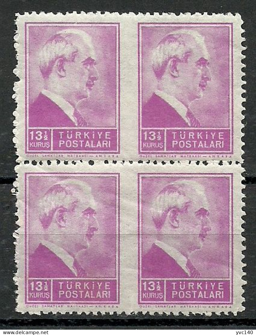 Turkey; 1942 1st Inonu Issue 13 1/2 K. ERROR "Partially Imperf." (Block Of 4) - Ongebruikt