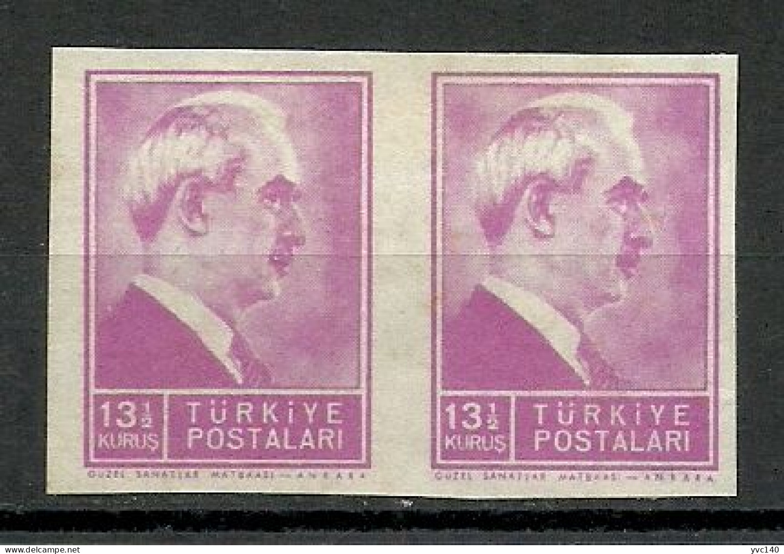 Turkey; 1942 1st Inonu Issue 13 1/2 K. ERROR "Imperf. Pair" - Unused Stamps