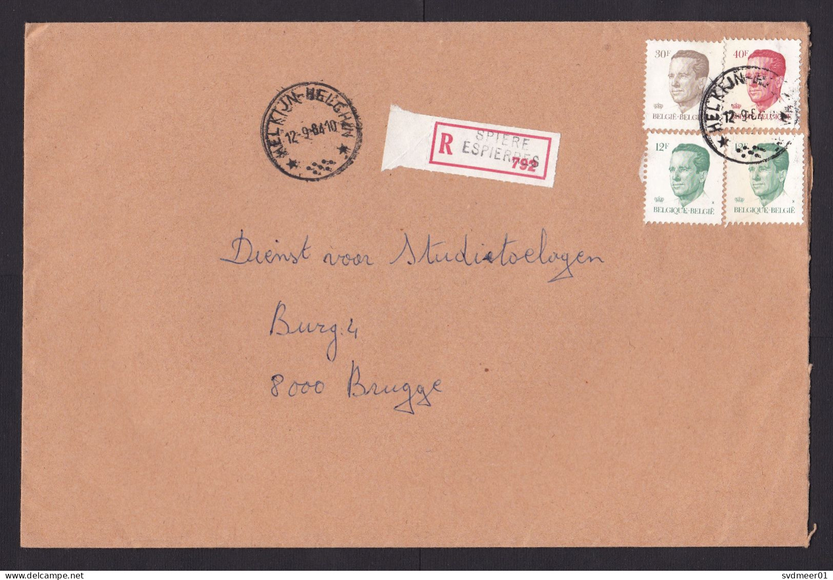 Belgium: Registered Cover, 1984, 4 Stamps, King, Improvised R-label Spiere Espierres (damaged, Discolouring) - Covers & Documents