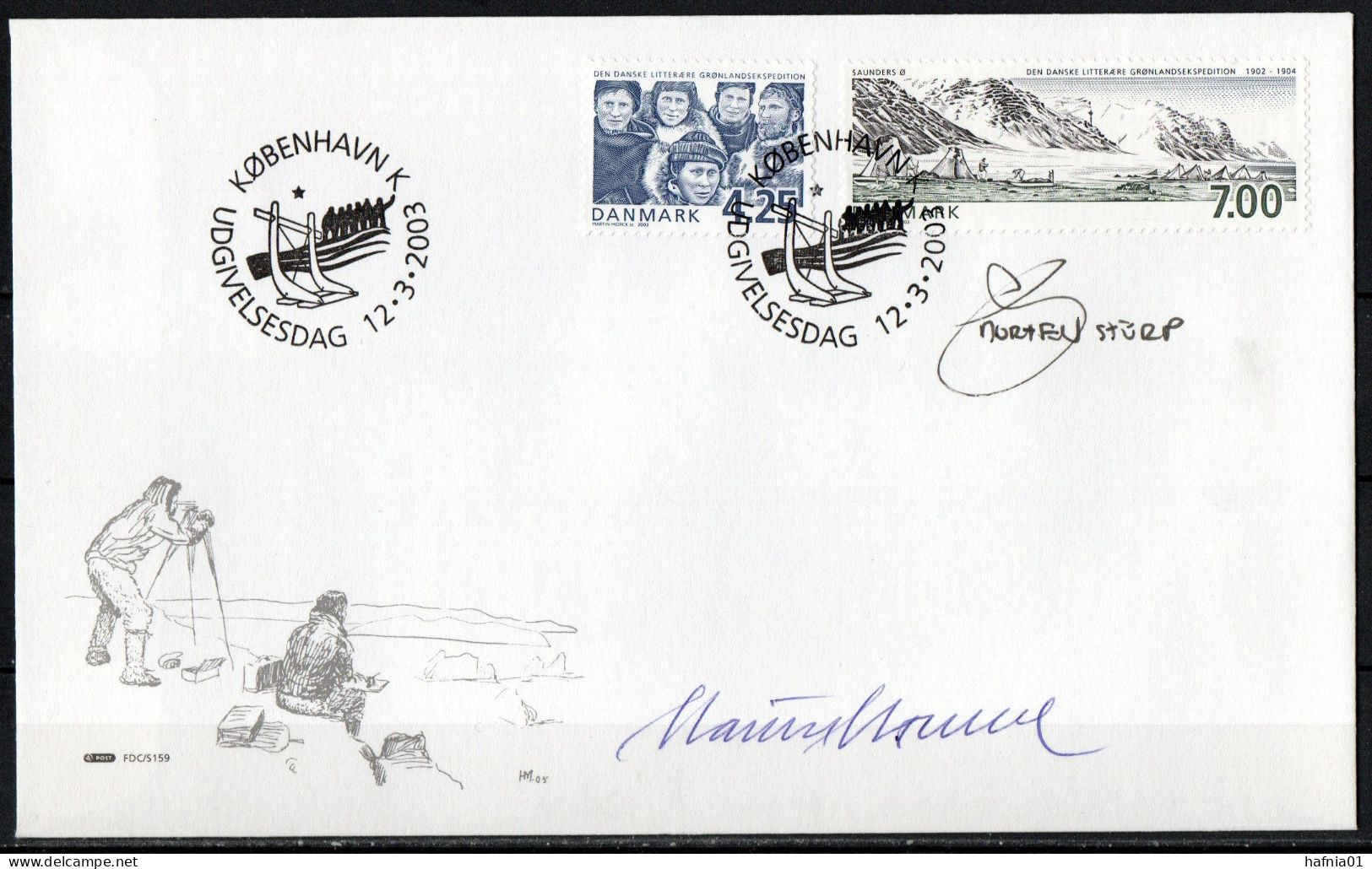 Martin Mörck. Denmark 2003. 100 Anniv Danish Literary Greenland Expedition. Michel 1335 - 1336. FDC. Signed. - FDC