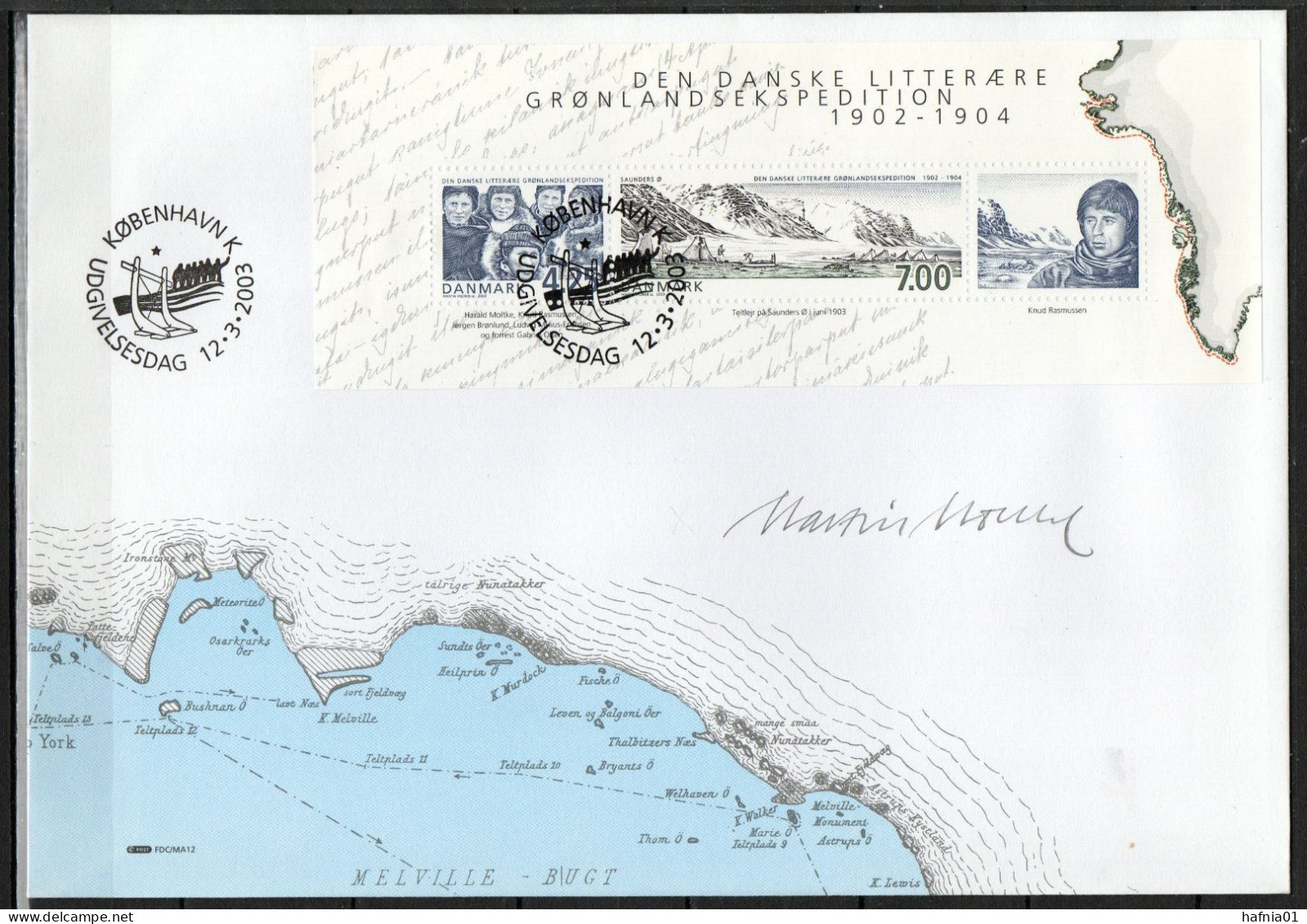 Martin Mörck. Denmark 2003. 100 Anniv Danish Literary Greenland Expedition. Michel Bl.20. FDC. Signed. - FDC