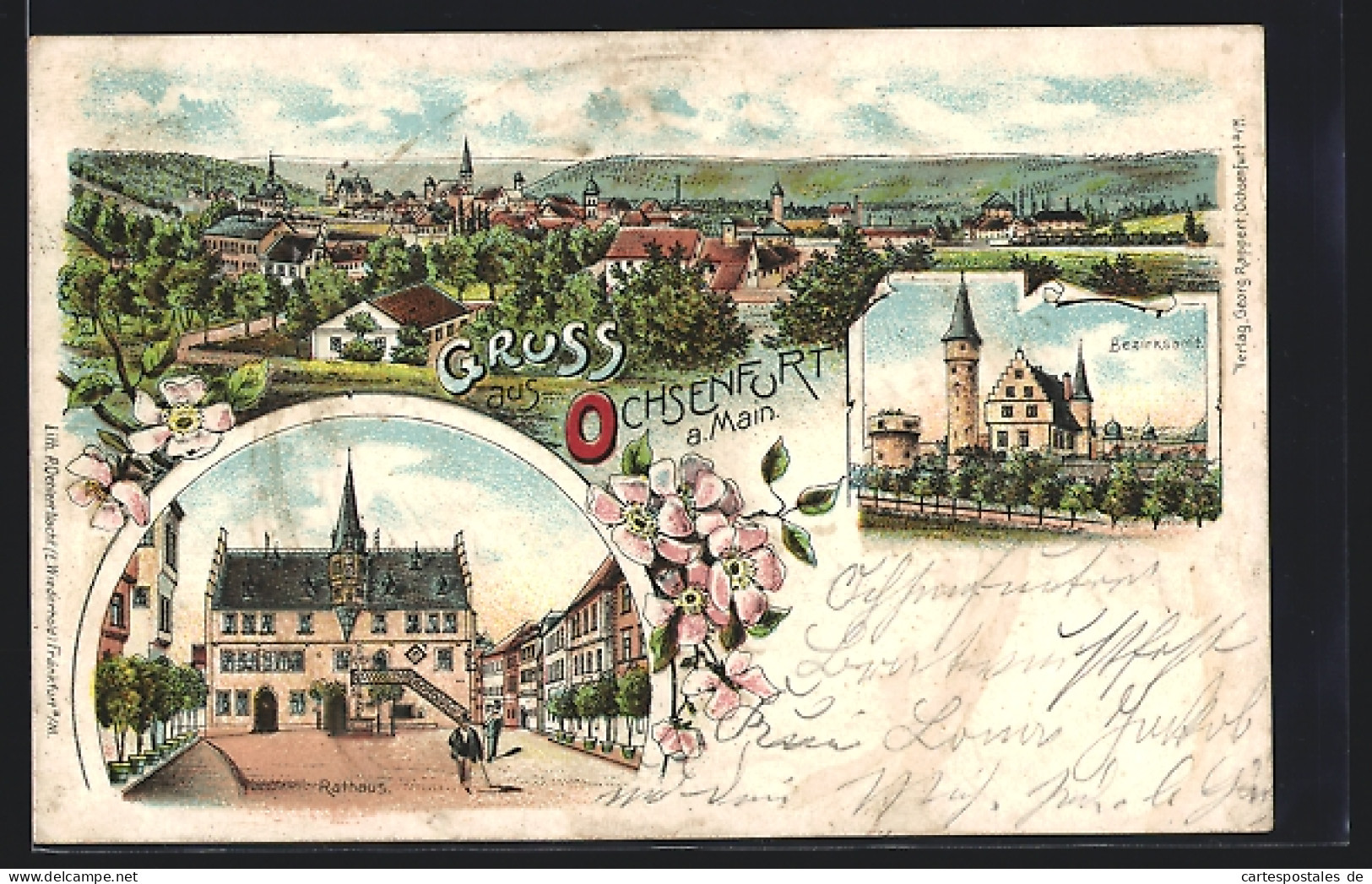 Lithographie Ochsenfurt A. Main, Teilansicht, Rathaus, Bezirksamt  - Ochsenfurt