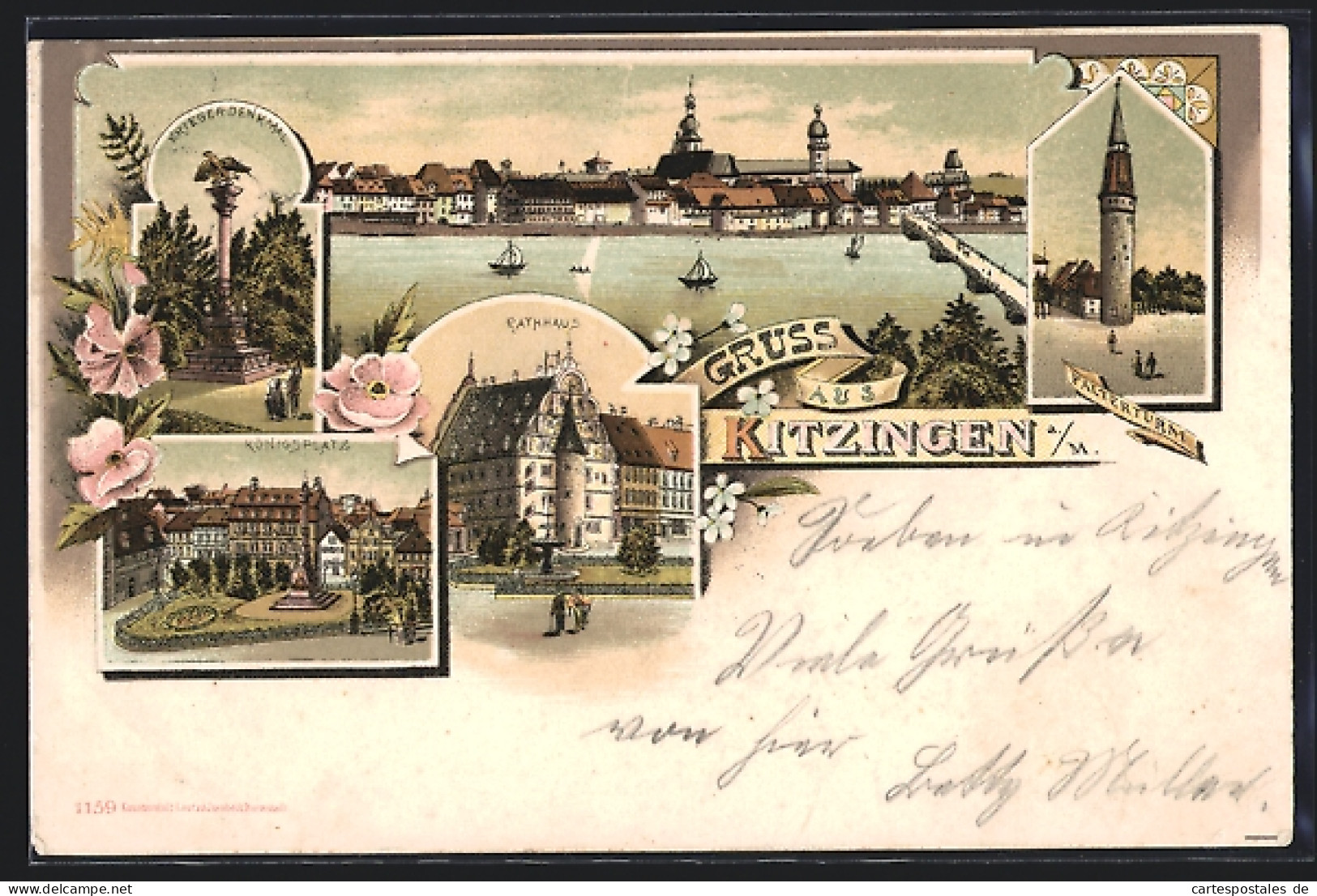 Lithographie Kitzingen A. M., Königsplatz, Rathaus, Falterturm  - Kitzingen