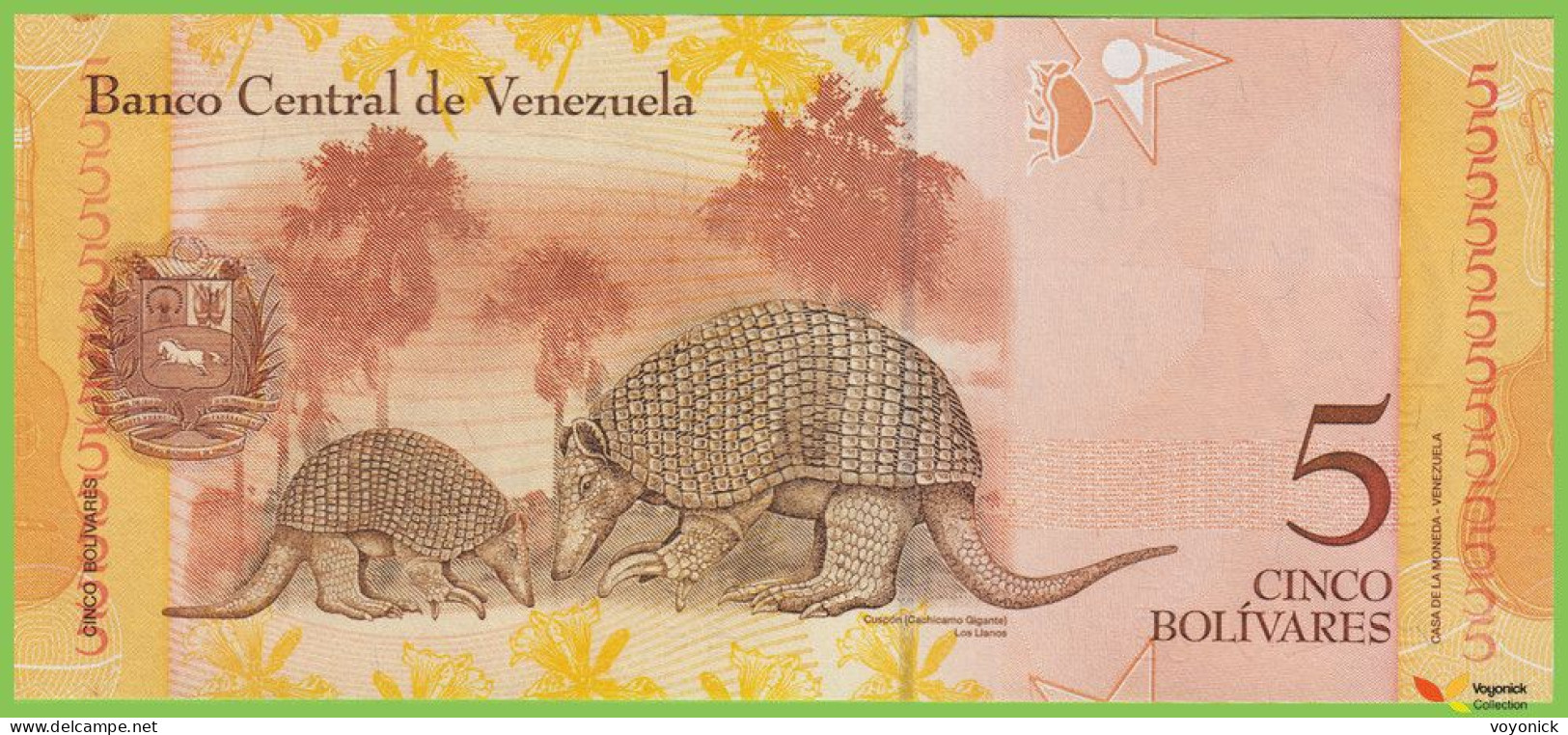 Voyo VENEZUELA 5 Bolivares 2008 P89c B359c H UNC Giant Armadillos - Venezuela