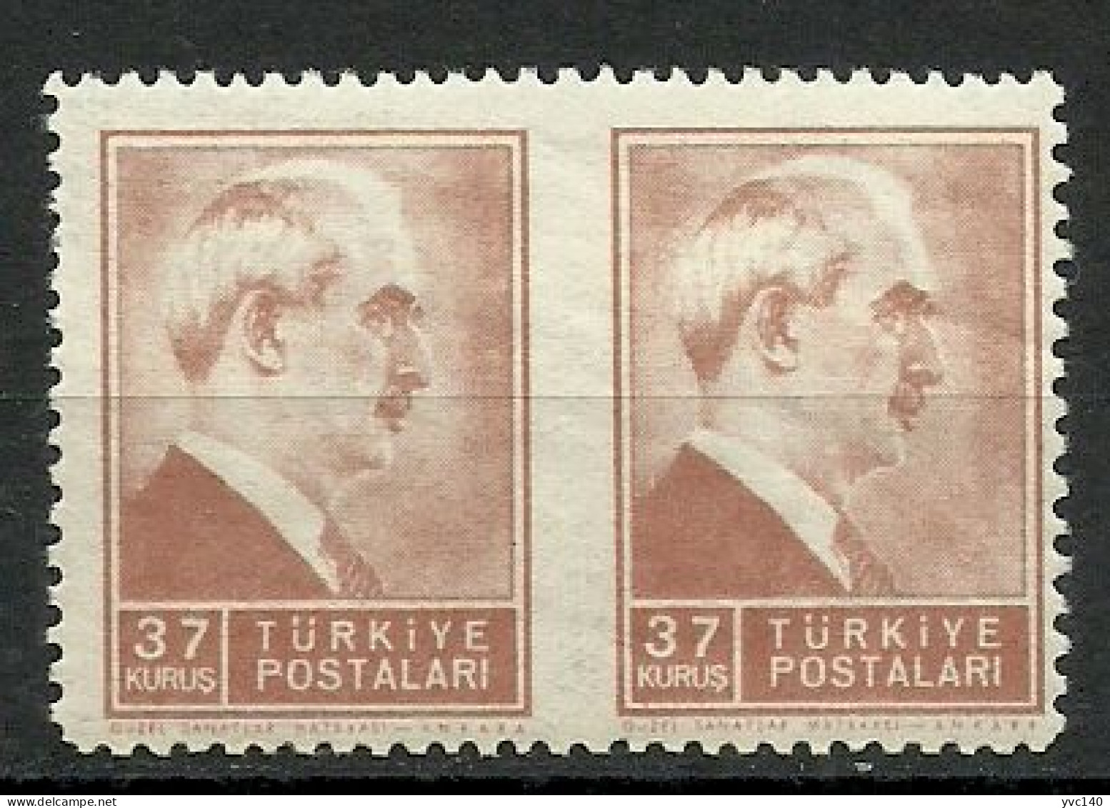 Turkey; 1942 1st Inonu Issue 37 K. ERROR "Partially Imperf." - Unused Stamps
