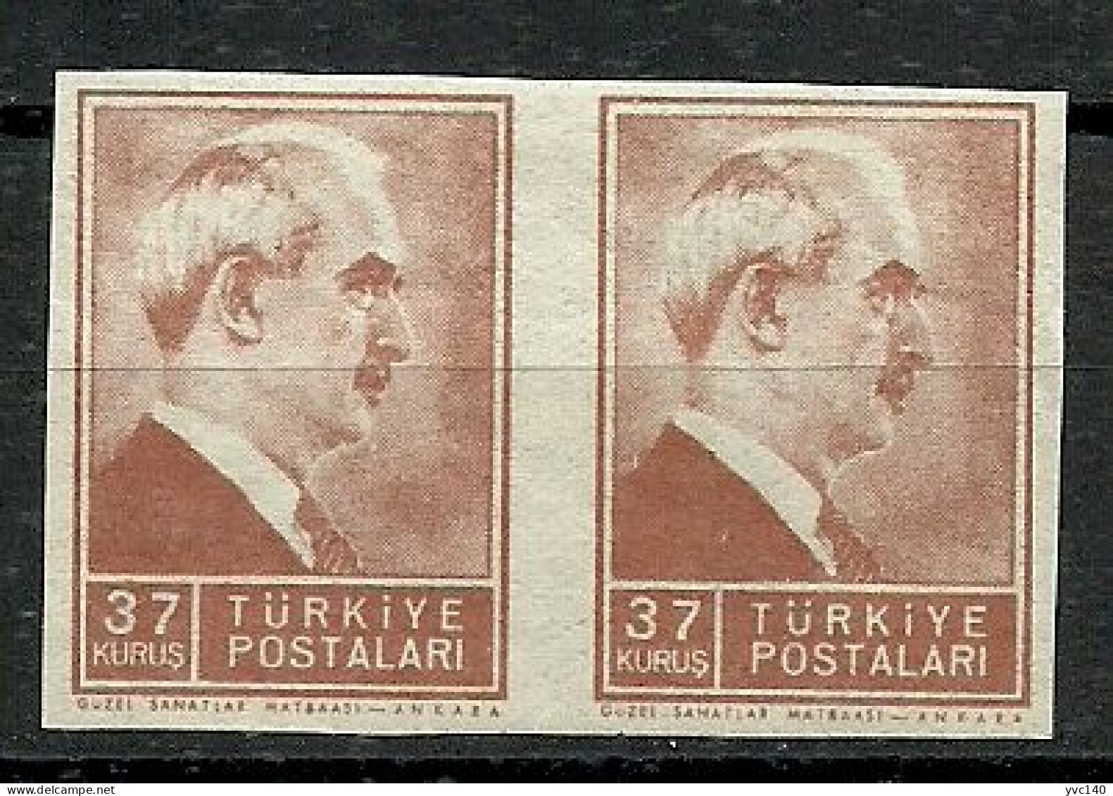 Turkey; 1942 1st Inonu Issue 37 K. ERROR "Imperf. Pair" - Ungebraucht