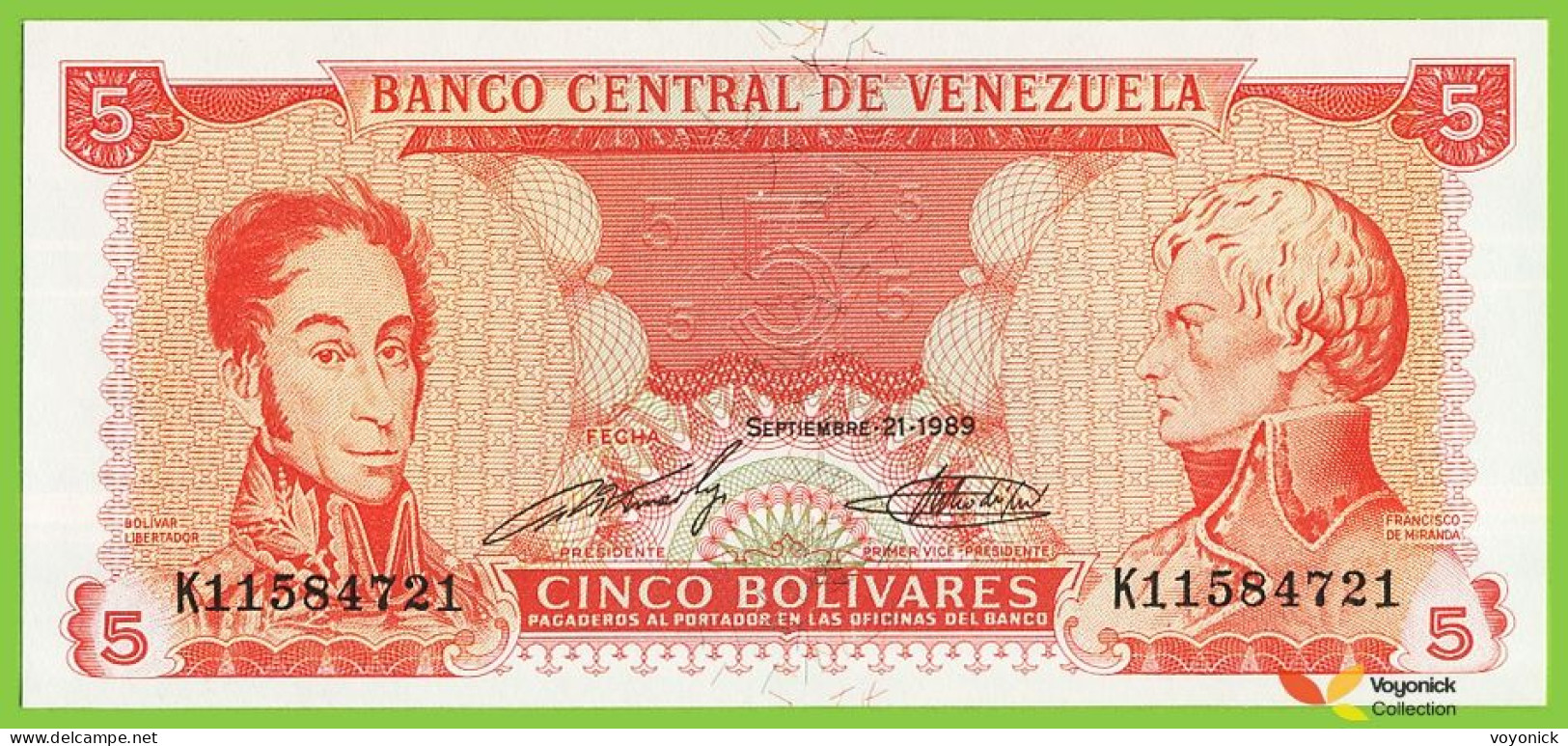 Voyo VENEZUELA 5 Bolivares 1989 P70b B322a K UNC - Venezuela
