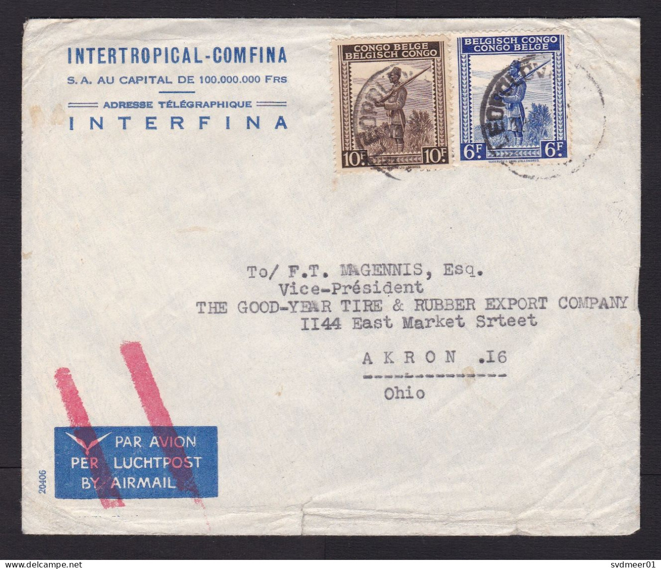 Belgian Congo: Airmail Cover To USA, 2 Stamps, Soldier, Military, Gun, Red Jusqu'a Bar Cancel (minor Damage) - Covers & Documents