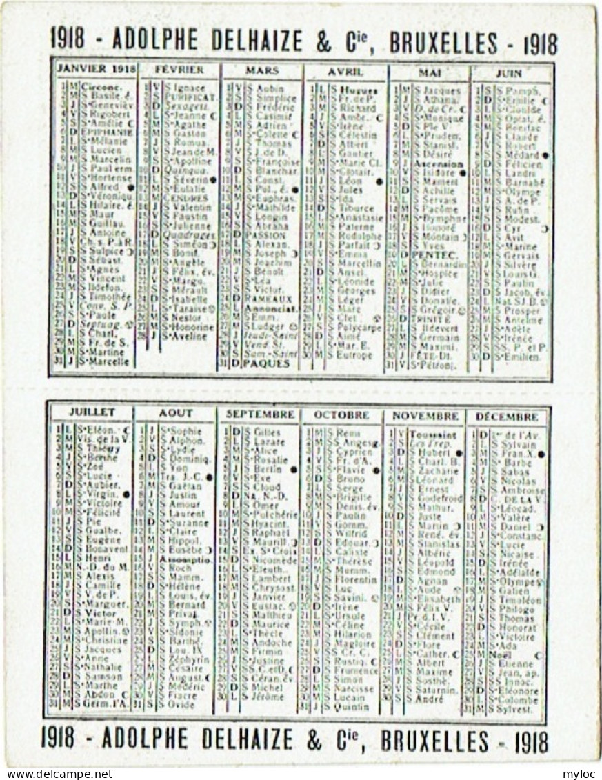 Calendrier Adolphe Delhaize.  Bruxelles 1918. - Tamaño Pequeño : 1901-20