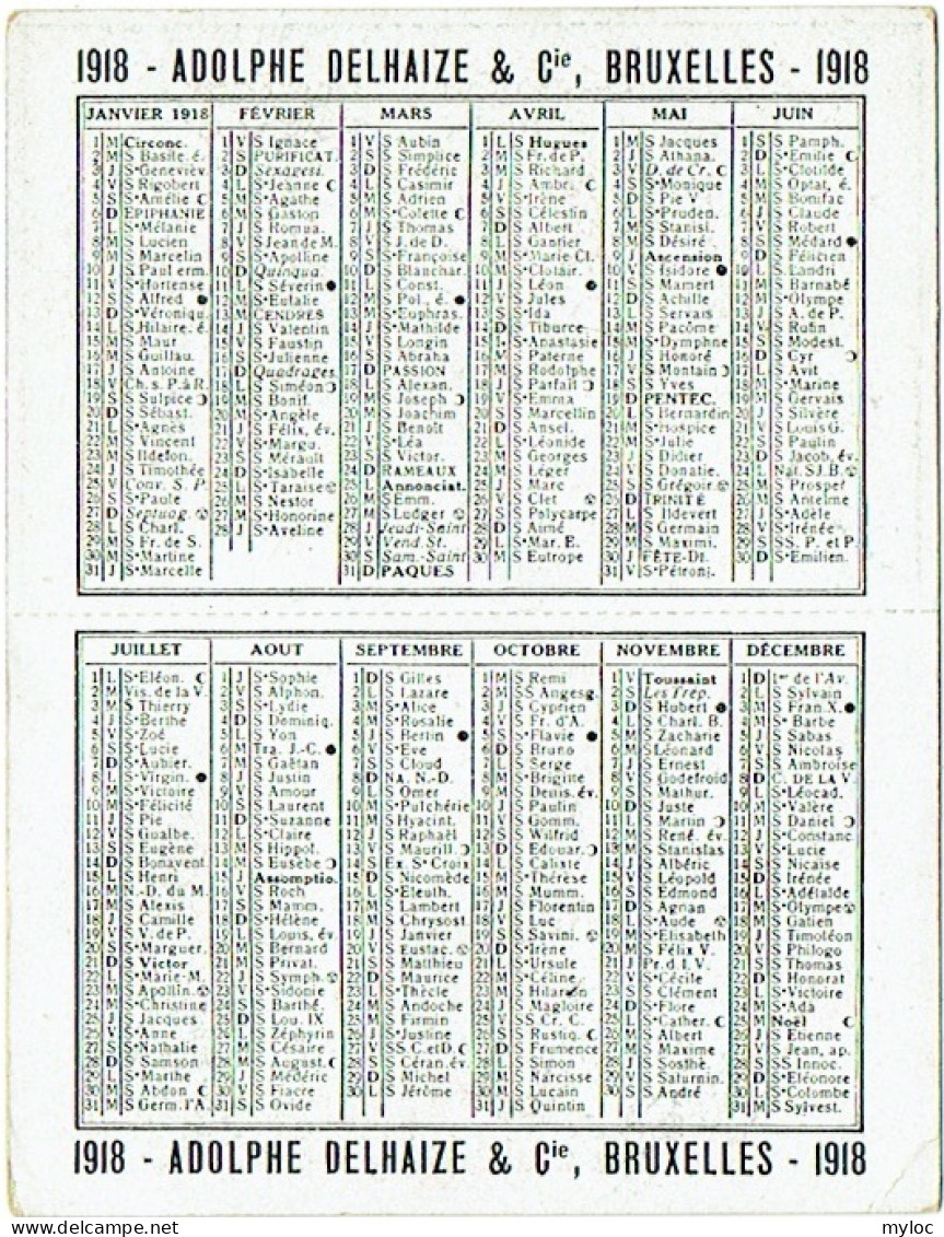 Calendrier Adolphe Delhaize.  Bruxelles 1918. - Petit Format : 1901-20