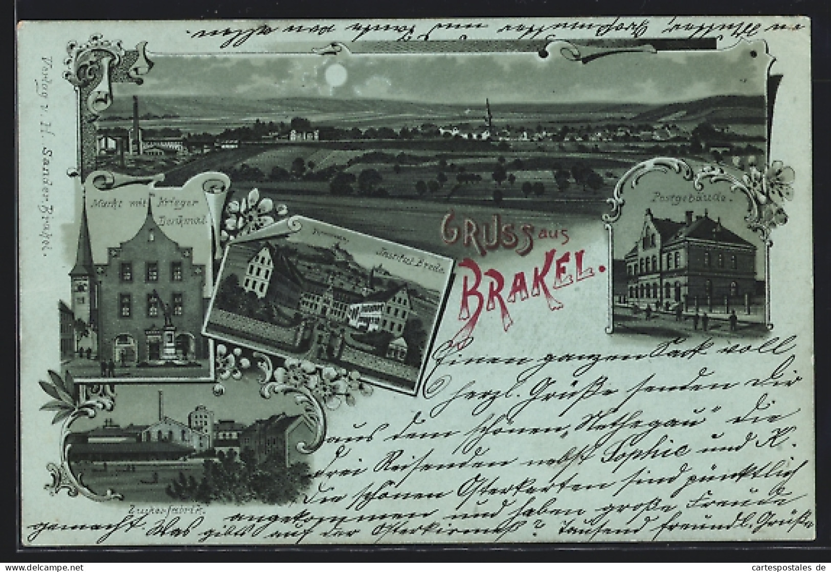 Lithographie Brakel, Markt Mit Krieger Denkmal, Zuckerfabrik, Institut Brede, Postgebäude, Ortsansicht  - Brakel