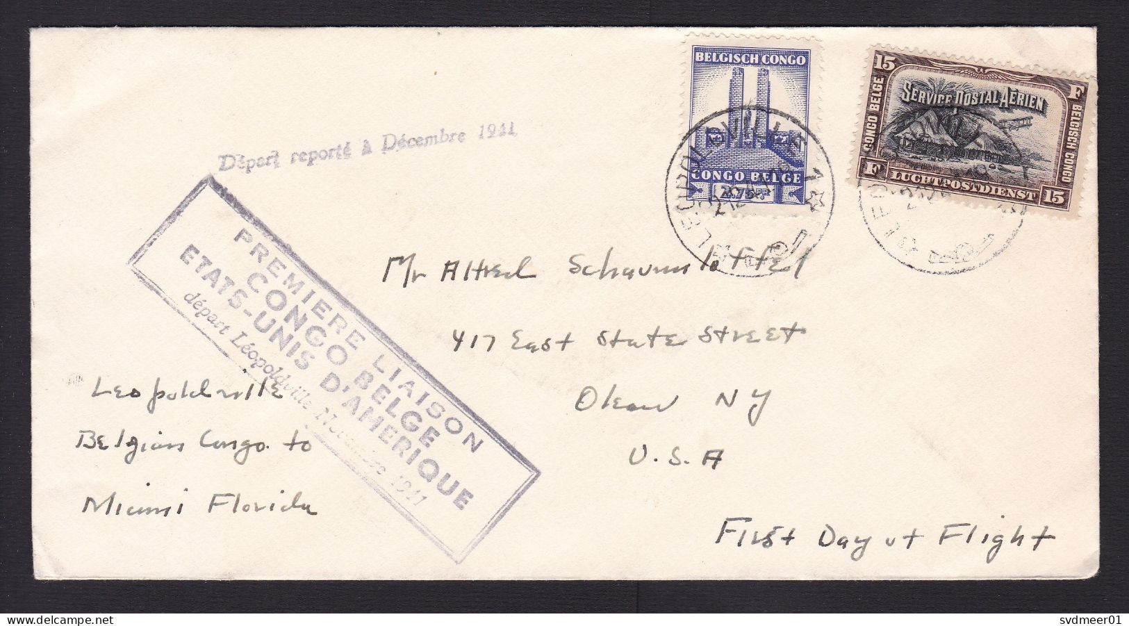 Belgian Congo: FFC First Flight Cover To USA, 1941, 2 Stamps, Cancel Delayed Departure, Aviation (right Stamp Damaged) - Cartas & Documentos