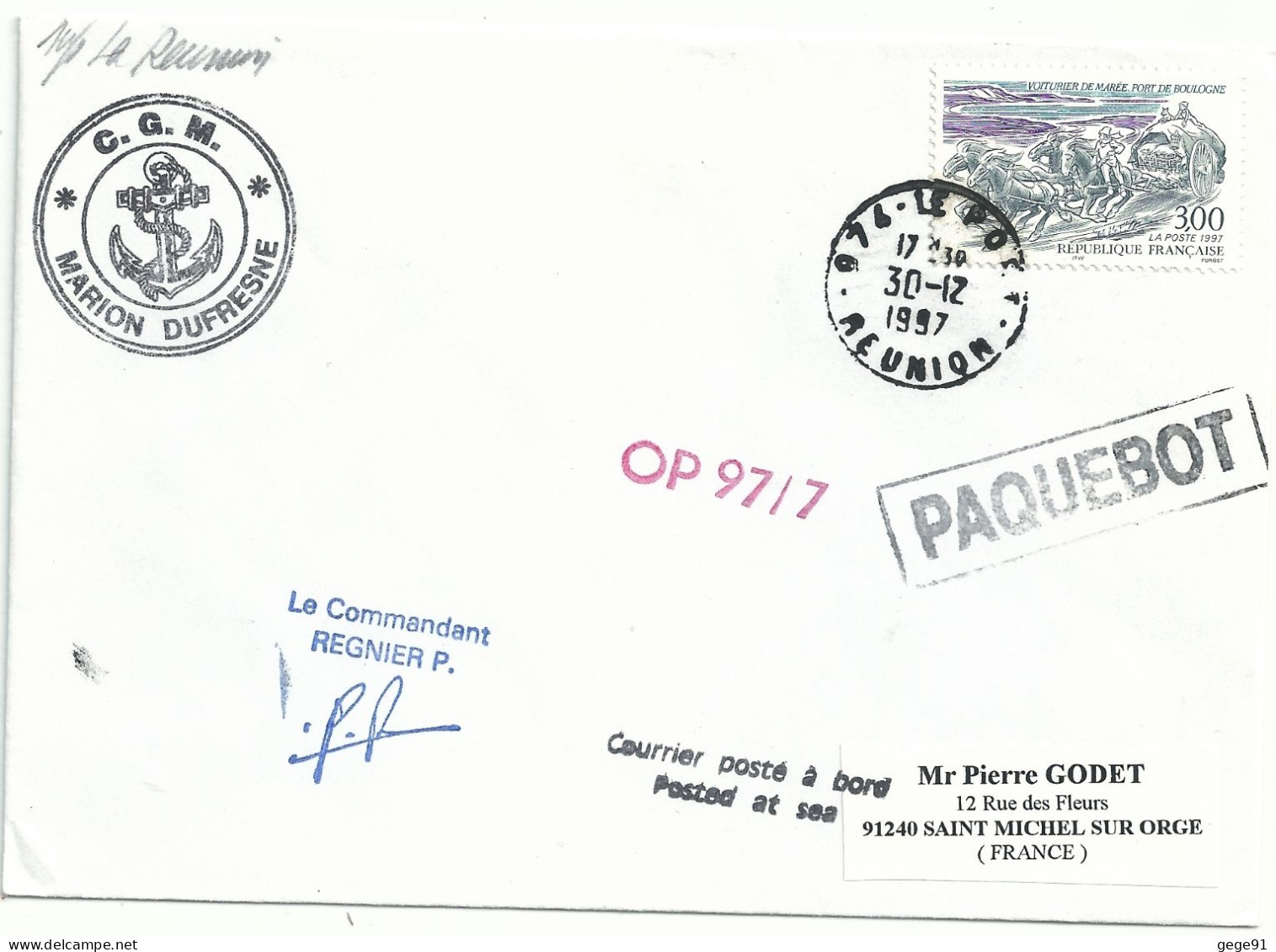 YT 3106 Voiturier à Marée - Boulogne - Postée à Bord Du MD - Paquebot - Le Port - La Réunion - 30/12/1997 - Storia Postale