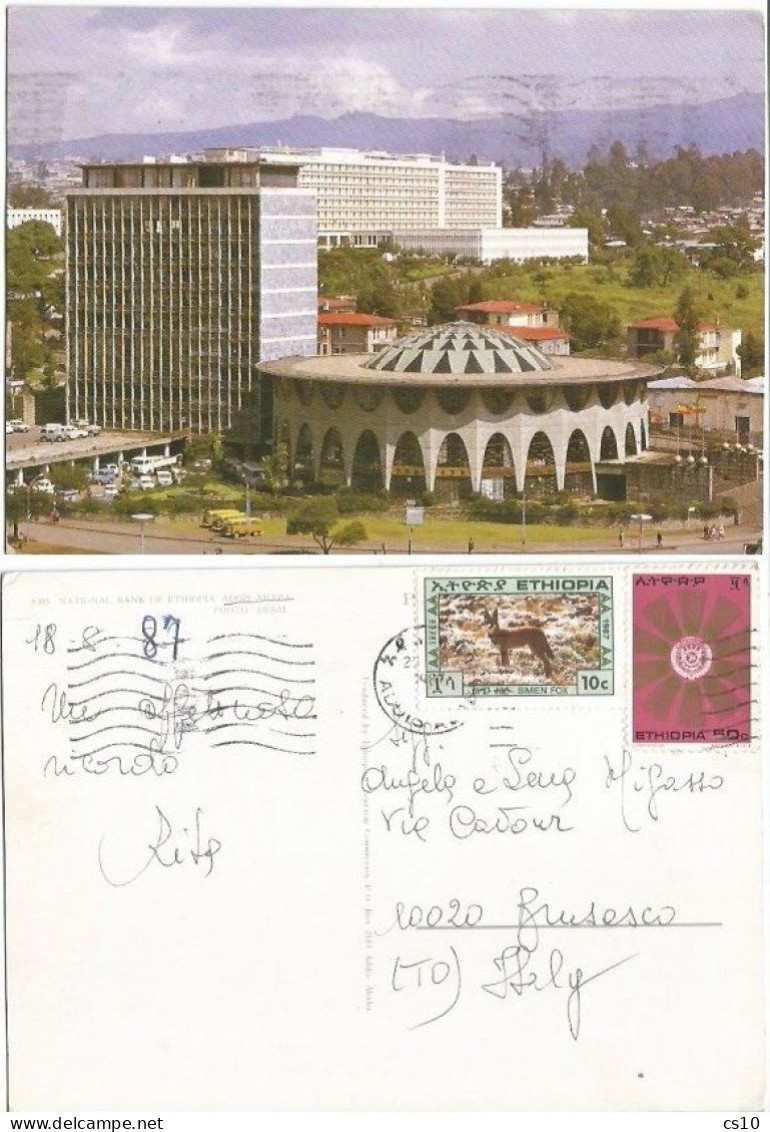 Ethiopia Nat. Bank Building Addis Ababa Color Pcard 18aug1987 X Italy With 2 Stamps - Äthiopien