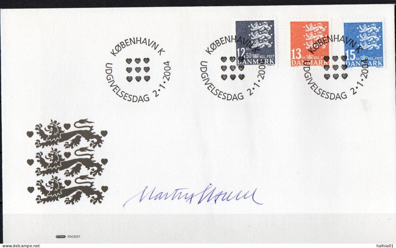 Martin Mörck. Denmark 2004. Small Coat Of Arms. Michel 1357 - 1359. FDC. Signed. - FDC