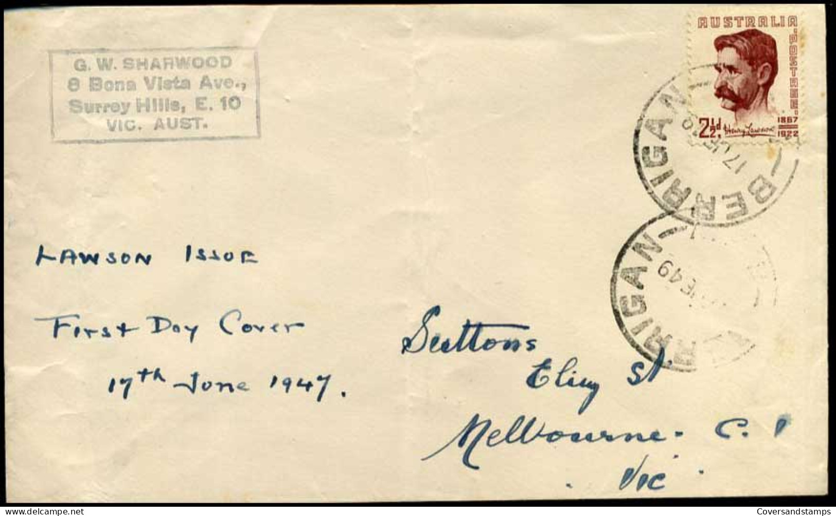 Australia - Cover To Melbourne  -  Harry Lawson - Storia Postale