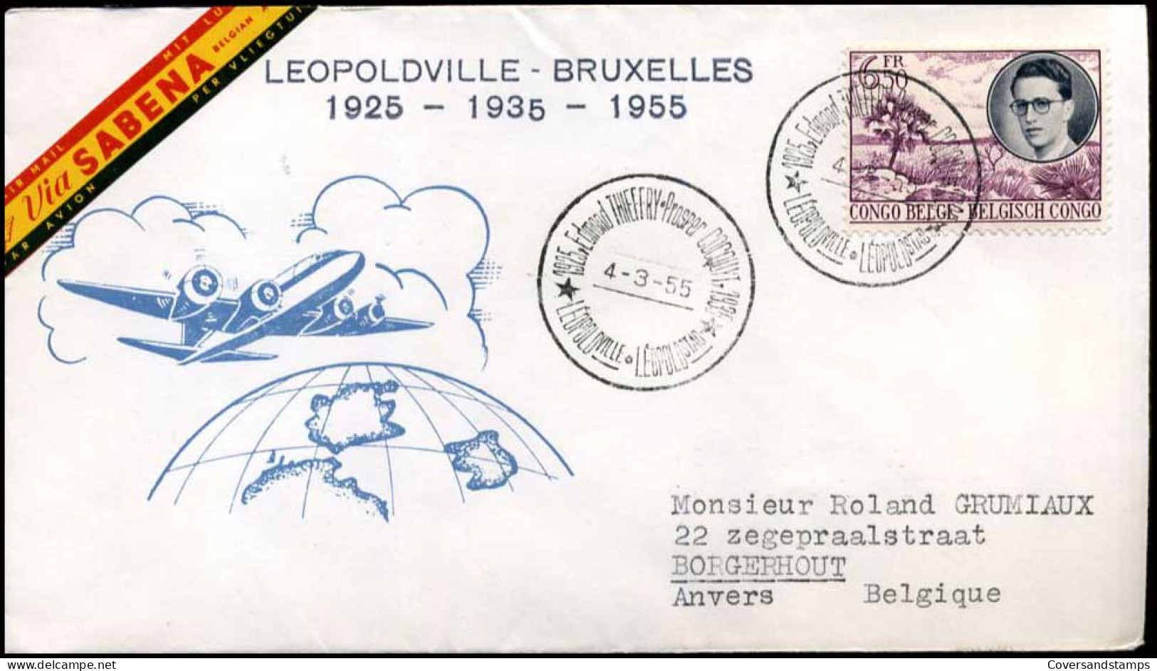 Belgisch Congo - 336 Op Brief, Air Mail Via SABENA - Leopoldville - Brussel - Lettres & Documents