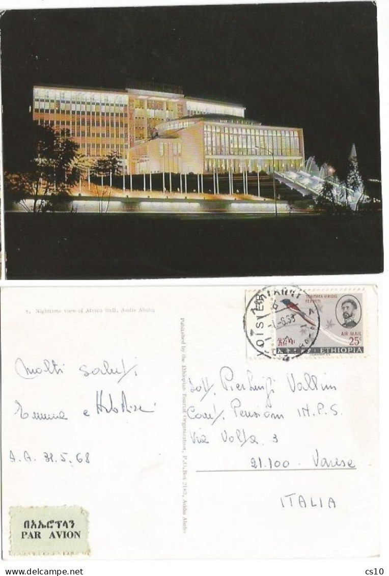 Ethiopia Africa Hall In Addis Ababa #3 AirmailPcard X Italy 1966/68 With Simple Frankings - Etiopía