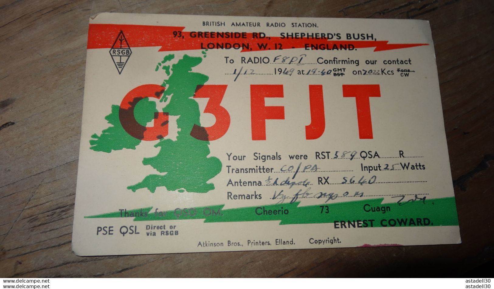 QSL - ENGLAND, Ernest COWARD LONDON, G3FJT 1949 ........... PHI ..... QSL-20 - Radio Amateur