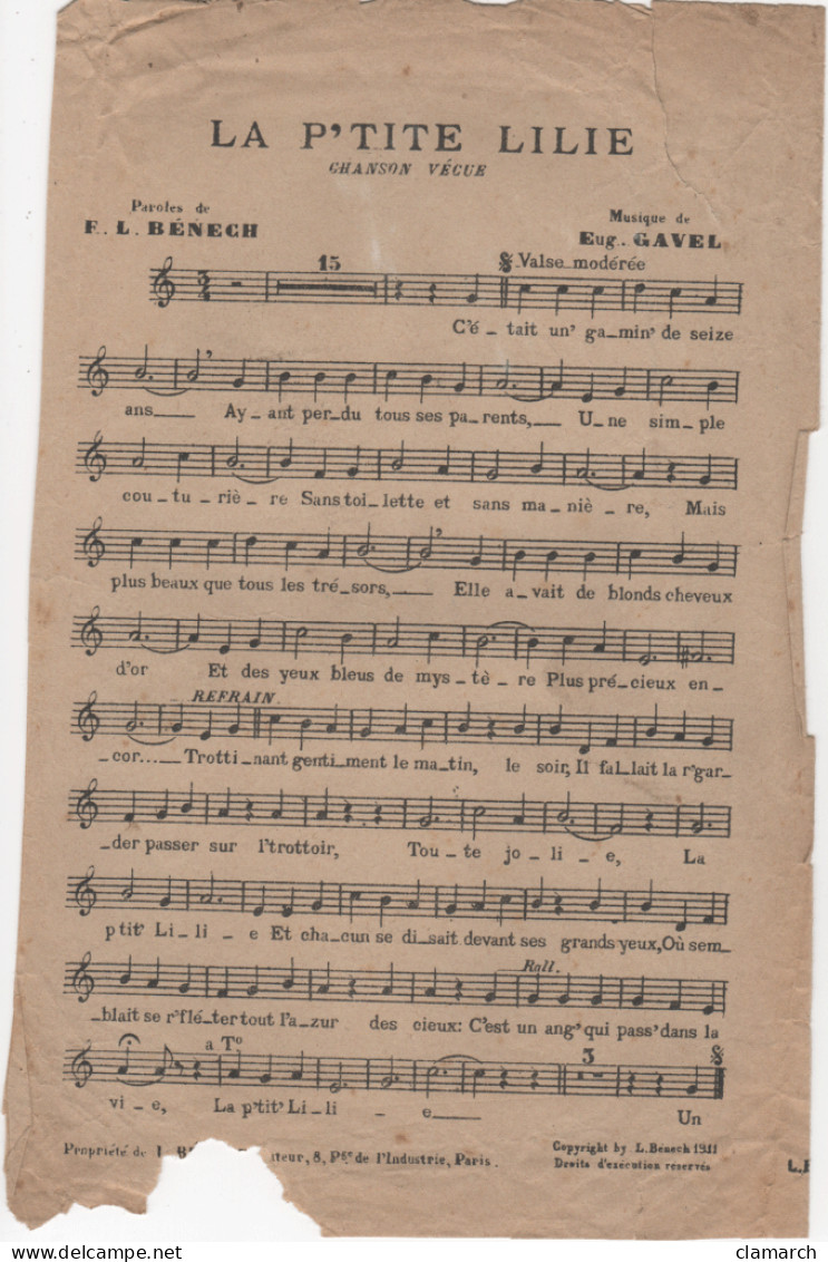 Partitions-LA P'TITE LILIE  Chanson Vécue Paroles De F.L Bénèch, Musique D' Eug Gavel - Partitions Musicales Anciennes