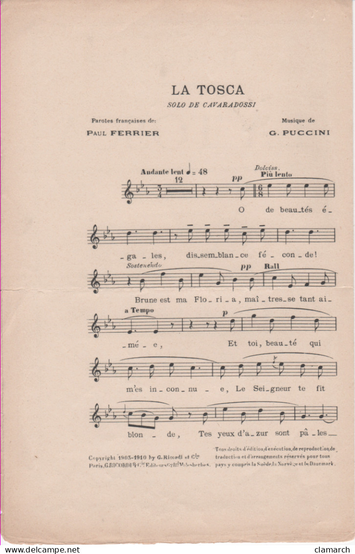 Partitions-LA TOSCA Solo De Cavaradossi (lO Beautés égales...) Paroles Françaises De P Pradier, Musique De G Puccini - Partitions Musicales Anciennes