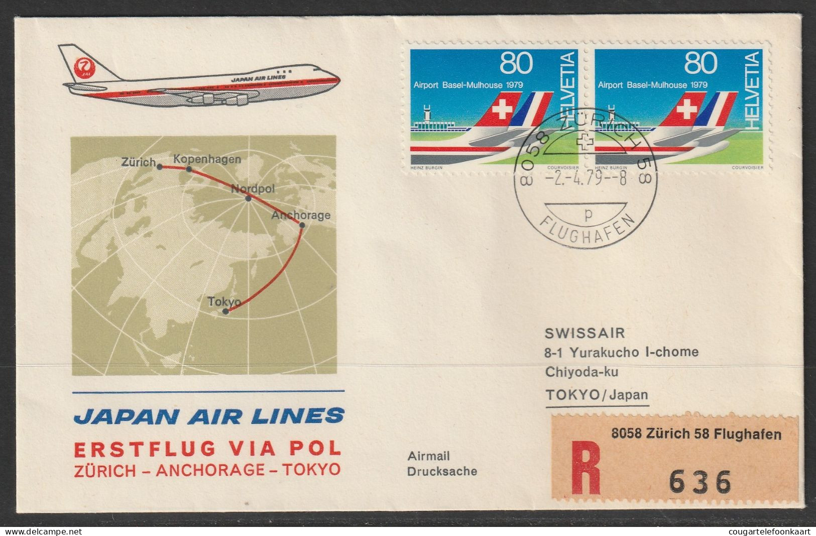 1979, Japan Air Lines, Erstflug, Zürich - Tokyo - Erst- U. Sonderflugbriefe