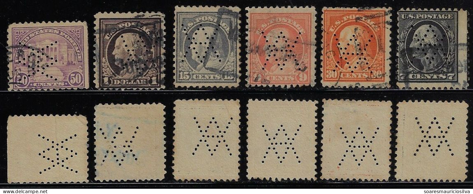 United States USA 6 Stamp With Unidentified Weave Monogram Perfin - Zähnungen (Perfins)
