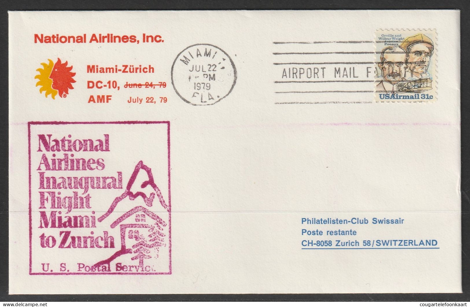 1979, National Airlines, Erstflug, Miami AMF - Zürich - 3c. 1961-... Brieven