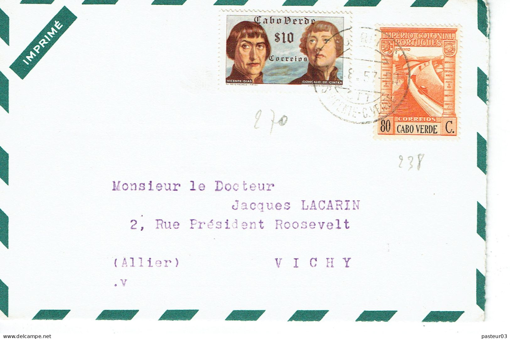 Cap Vert N° 270 Et 238 Lettre Du 10-8-1957 Laboratoire Puéricrine Glutamique - Cap Vert