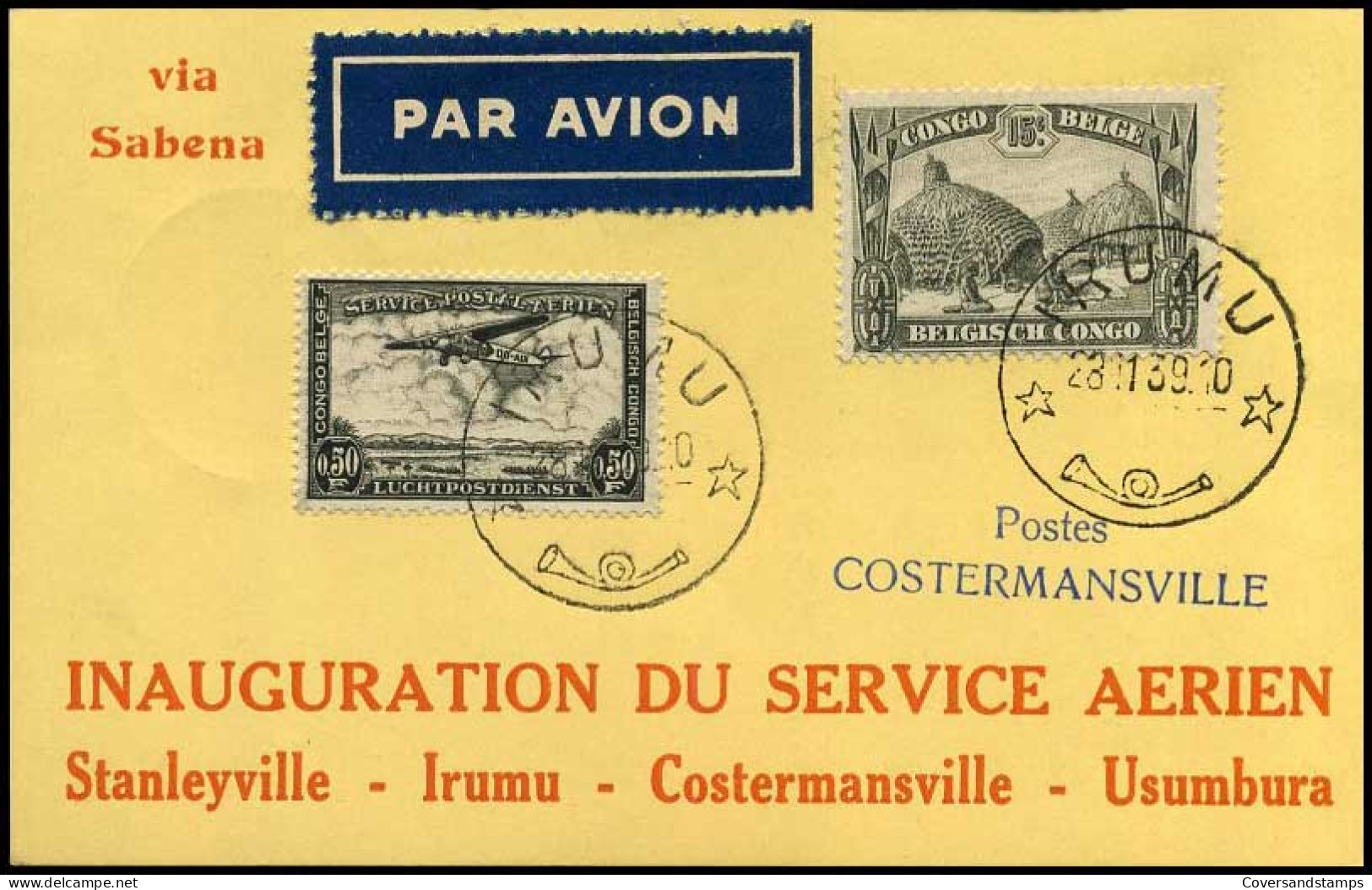 Belgisch Congo - Inauguration Du Service Aerien Stanleyville-Irumu-Costermansville-Usumbura - Postes Costermansville - Covers & Documents