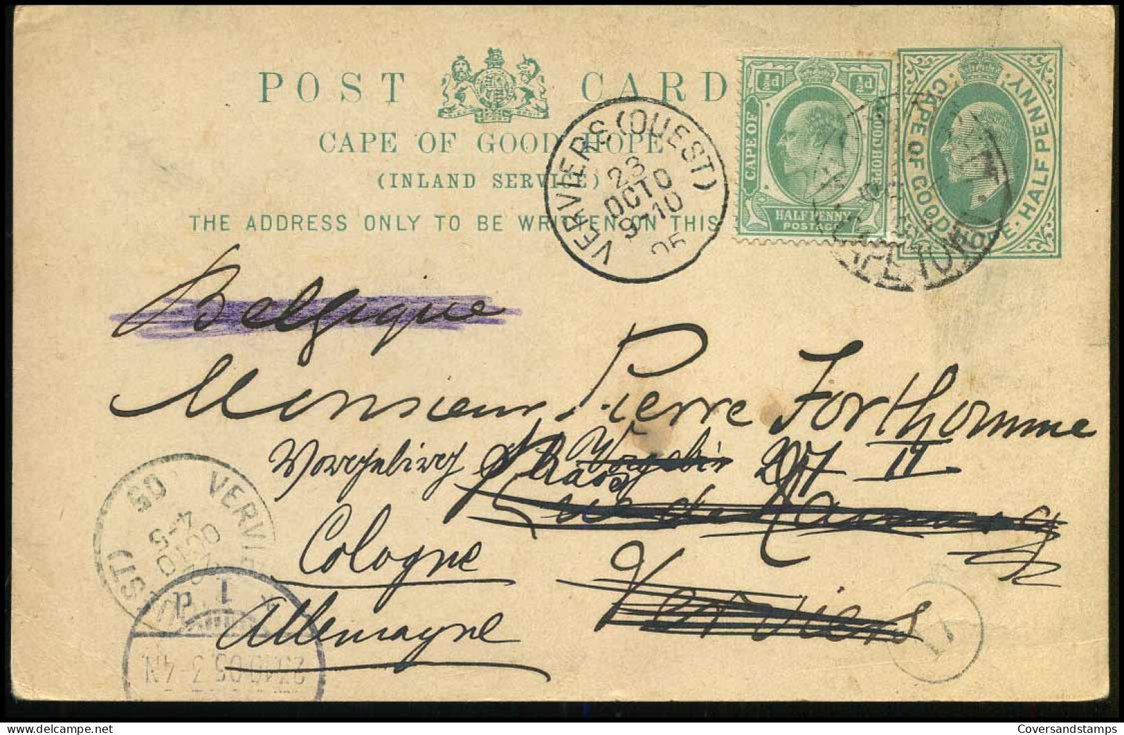 Post Card From Capetown To Verviers, Belgium, Redirected To Cologne, Germany In 1905 - Cape Of Good Hope (1853-1904)