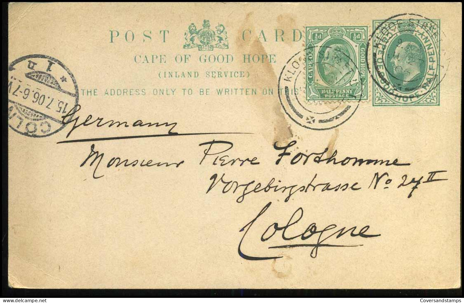 Post Card From Cape Town To Cologne, Germany - 15/07/1906 - Kap Der Guten Hoffnung (1853-1904)